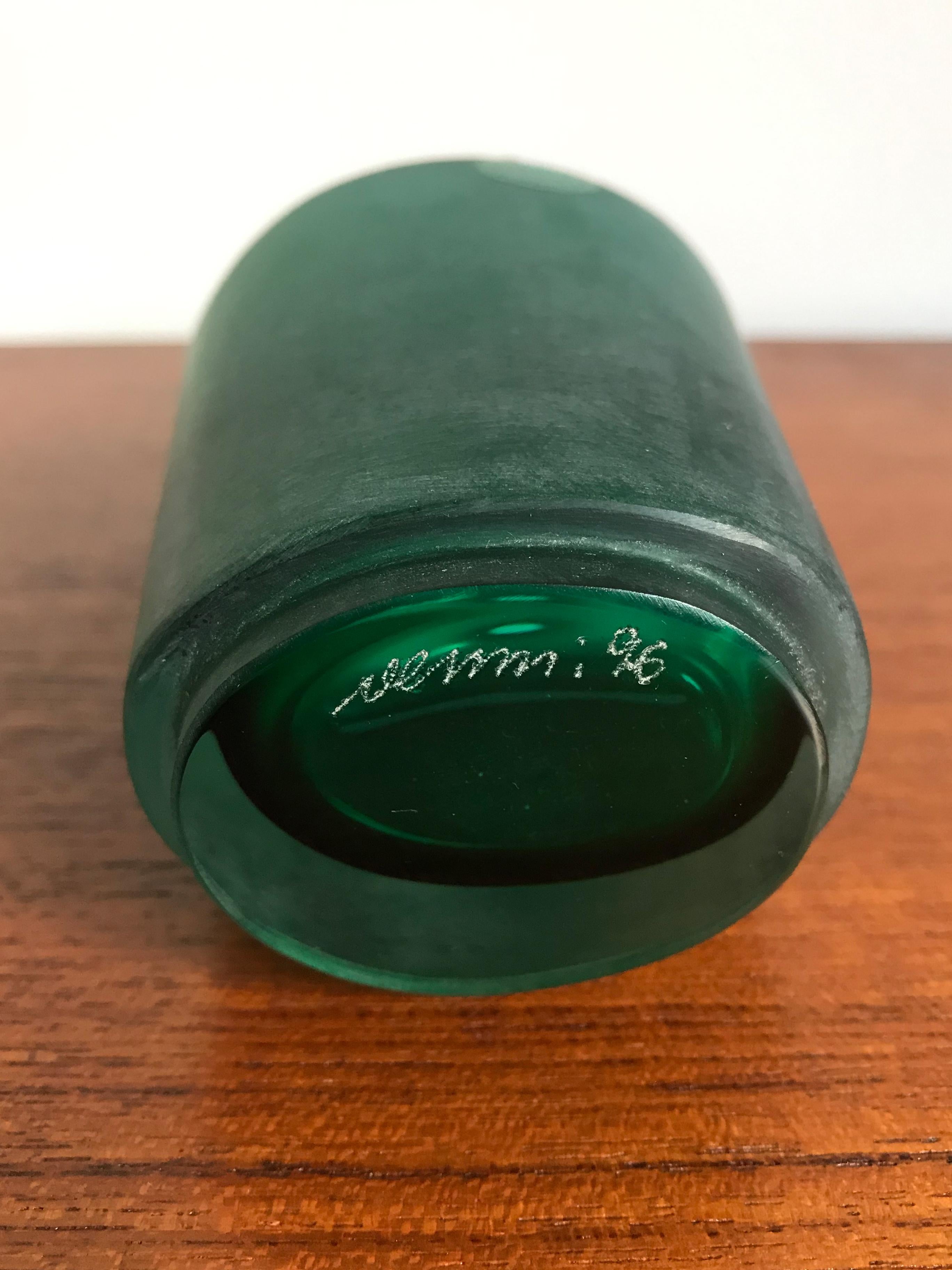 Late 20th Century Venini Murano Italy Green Glass Bottle Serie “Velati”, 1996 For Sale