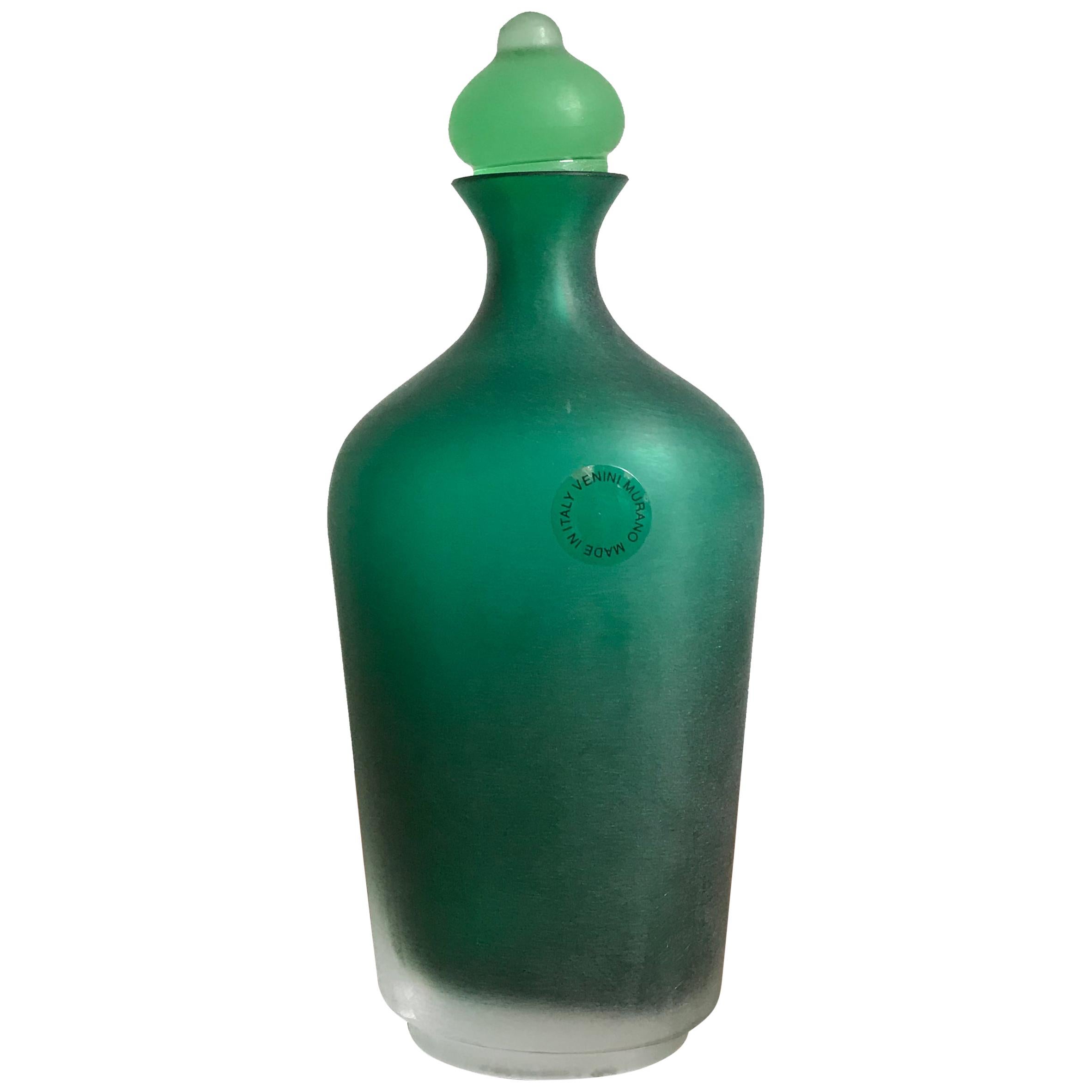 Venini Murano Italy Green Glass Bottle Serie “Velati”, 1996 For Sale