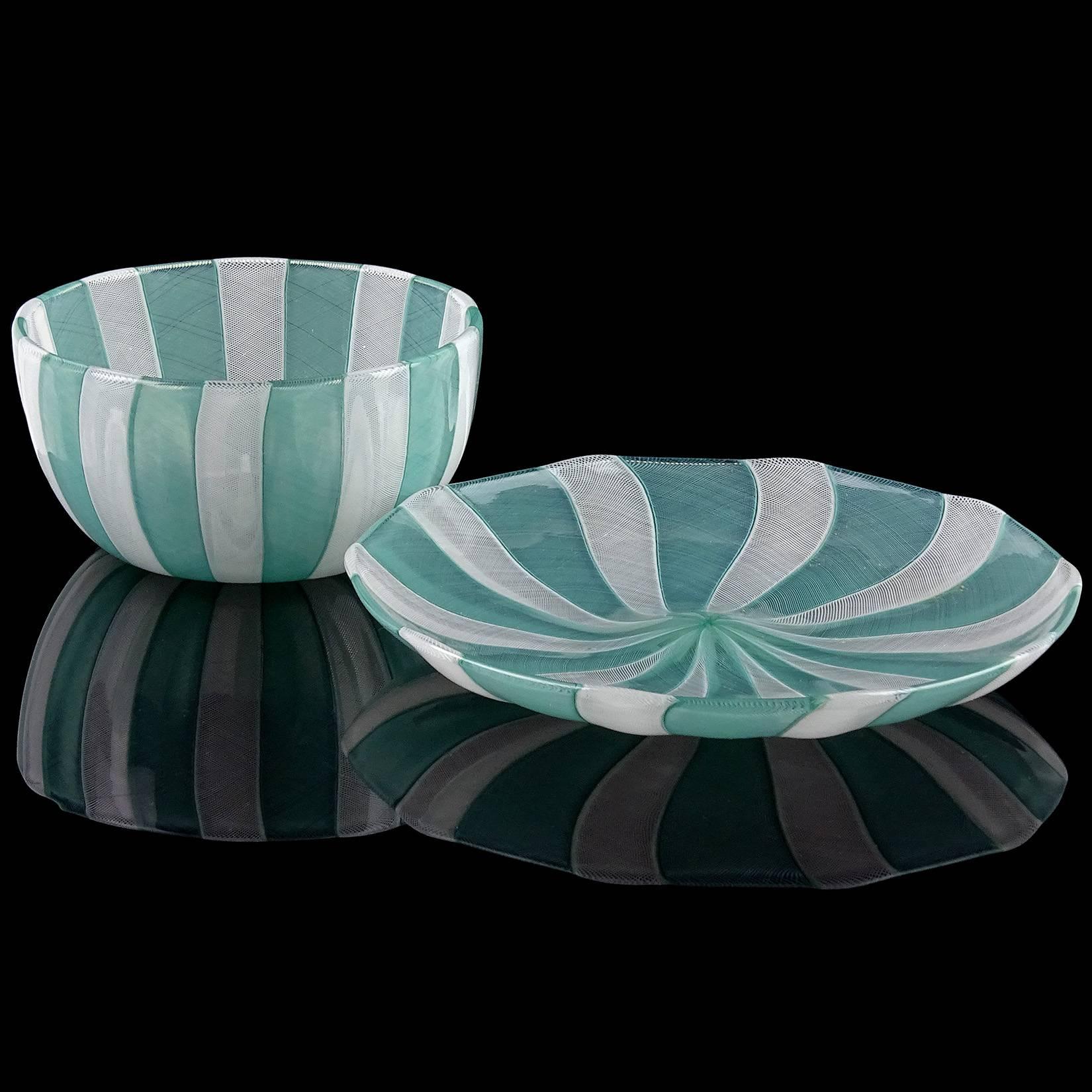Priced Per Set (3 sets available). Beautiful vintage Murano hand blown jade green and white micro thread Zanfirico ribbons Italian art glass bowl and dish set. Signed 