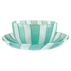 Venini Murano Jade Green White Micro Ribbons Italian Art Glass Bowl Dish Set