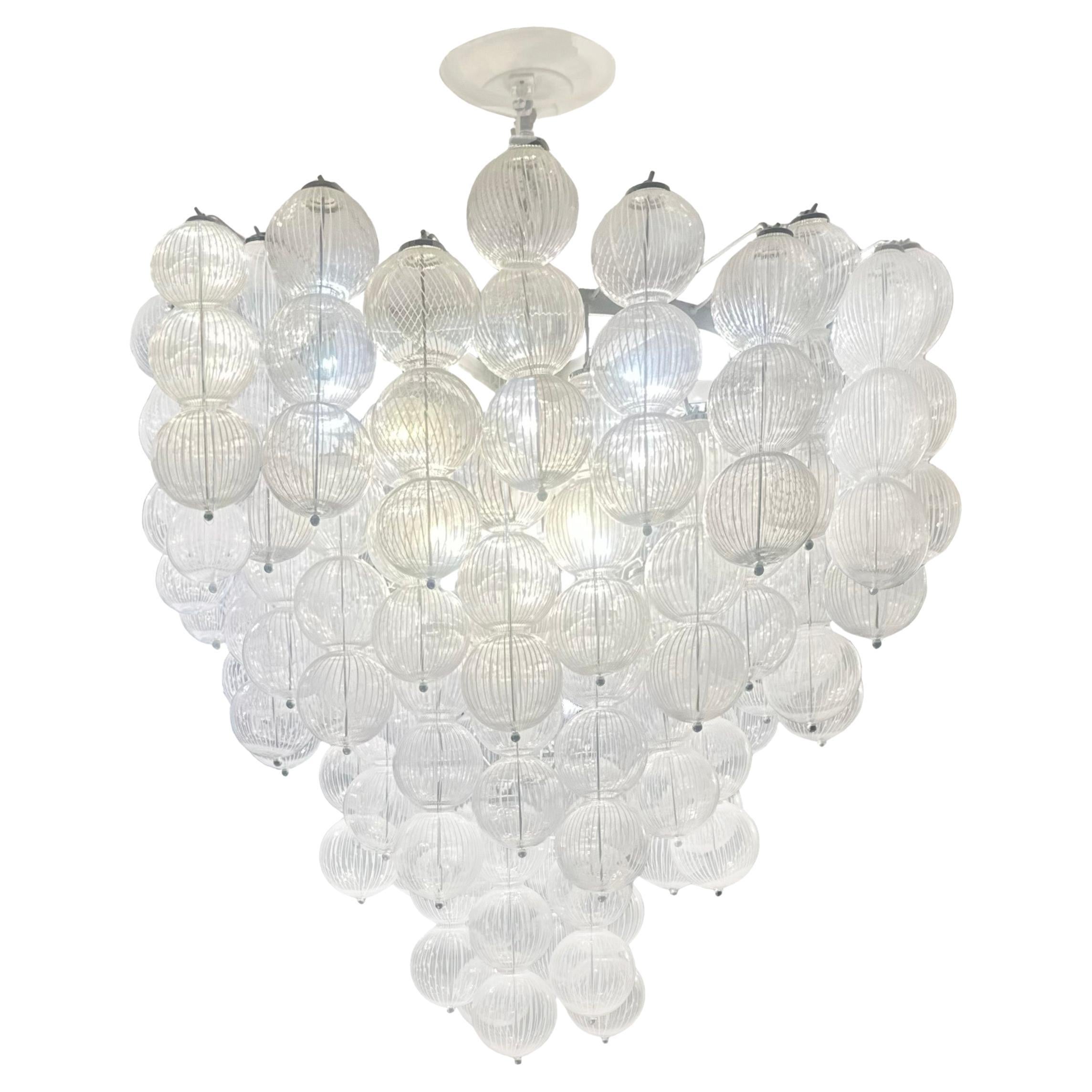 Venini Style Murano Lattimo Glass Sphere Chandelier 1980s