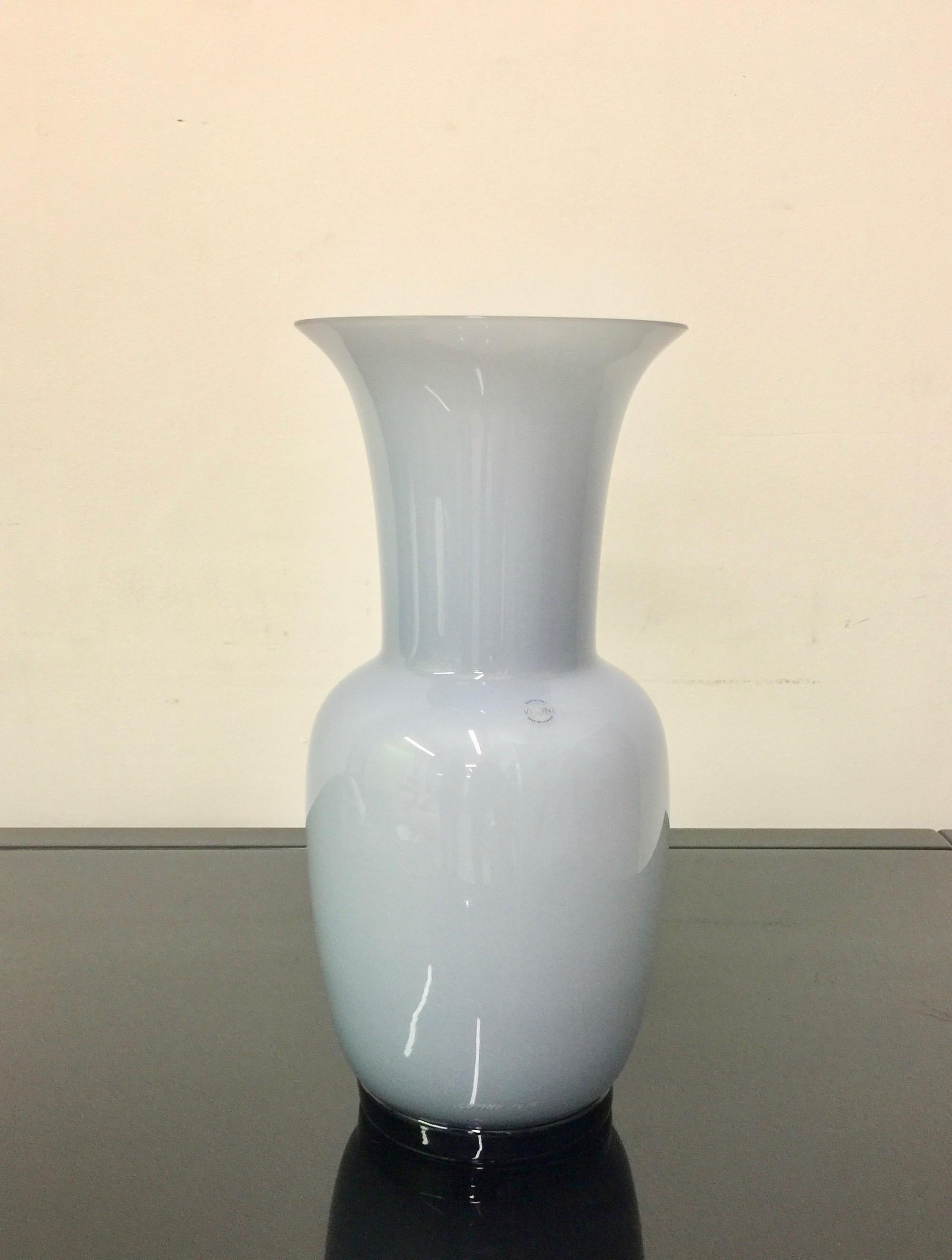 Murano glass vase by historic Italian Murano Company Venini. Classic glass vases 'Opalini' extra-large vase in a lovely dove gray color with white insides. This color is pure bliss, imagine to combine these vases at the centre of your accent or main