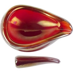 Venini Murano Signed Iridescent Red Italian Art Glass Bowl with Pestle