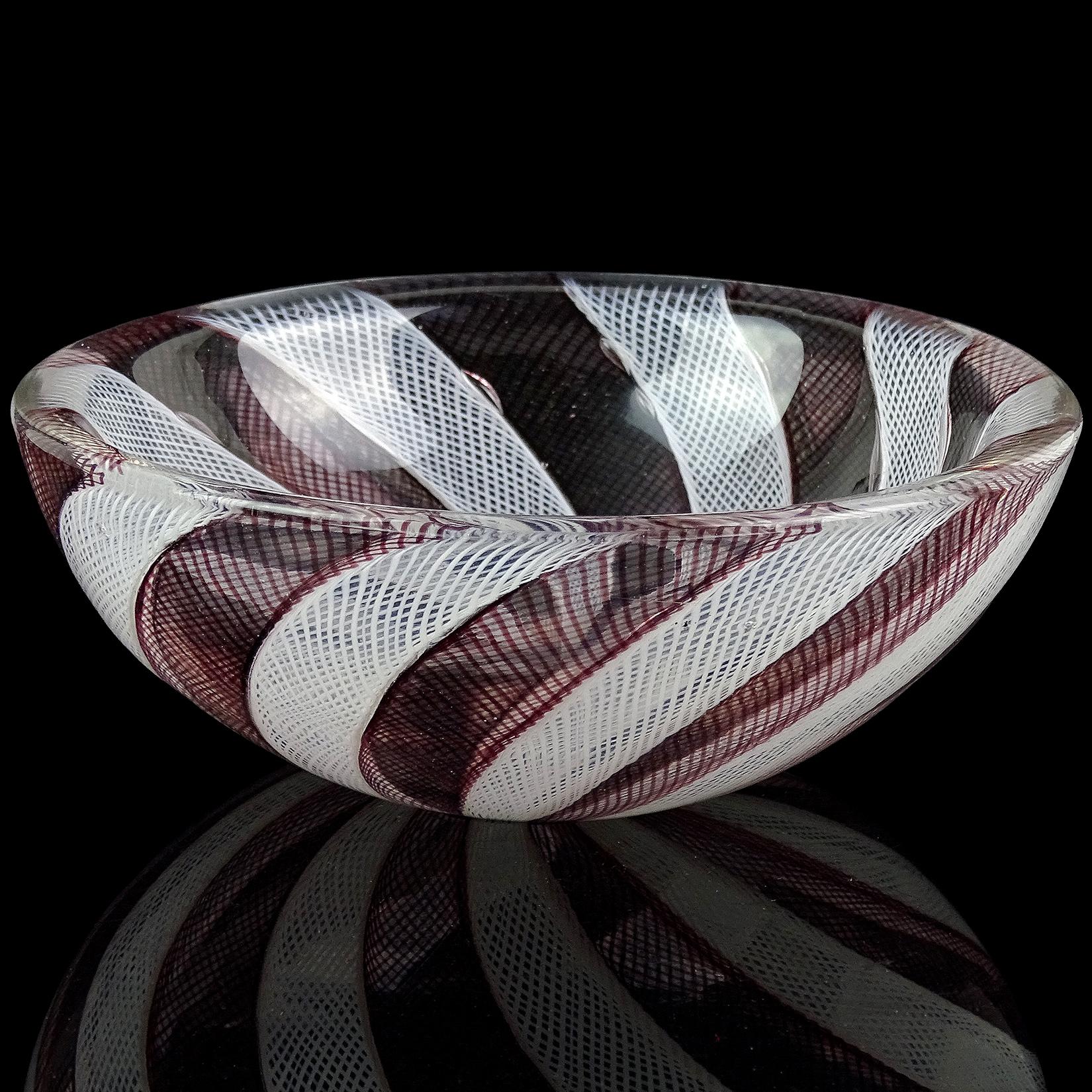 Hand-Crafted Venini Murano Signed Made in Italy Amethyst White Ribbons Italian Art Glass Bowl For Sale
