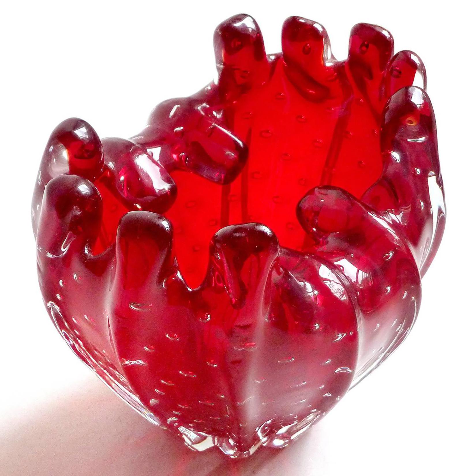 Mid-Century Modern Venini Murano Signed Red Fingers Rim Italian Art Glass Sculptural Flower Vase For Sale