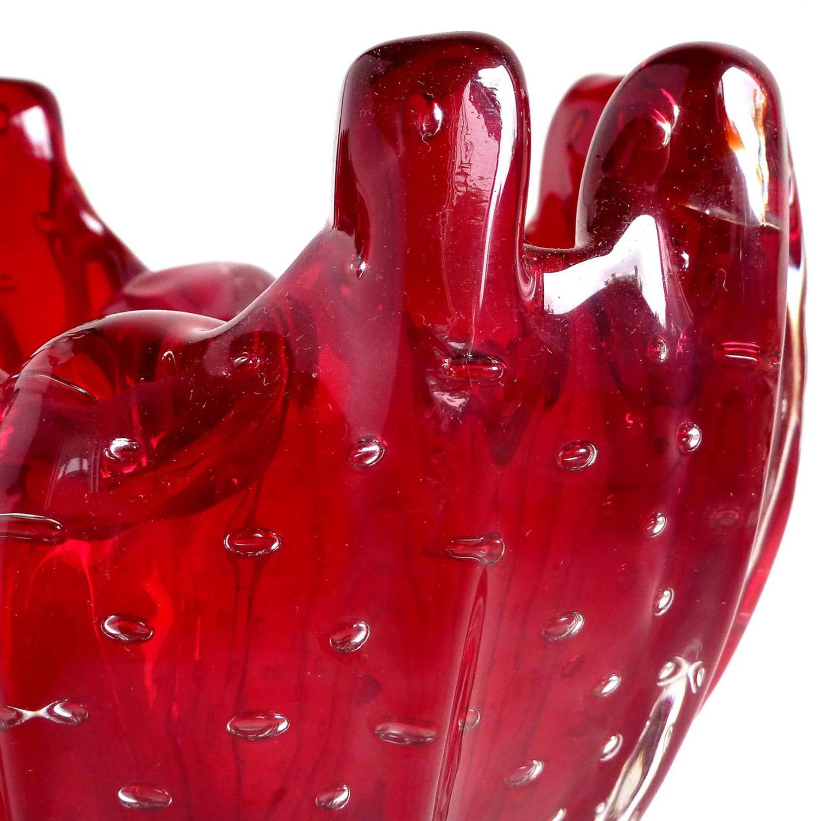 Hand-Crafted Venini Murano Signed Red Fingers Rim Italian Art Glass Sculptural Flower Vase For Sale