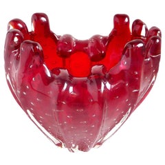Venini Murano Signed Red Fingers Rim Italian Art Glass Sculptural Flower Vase
