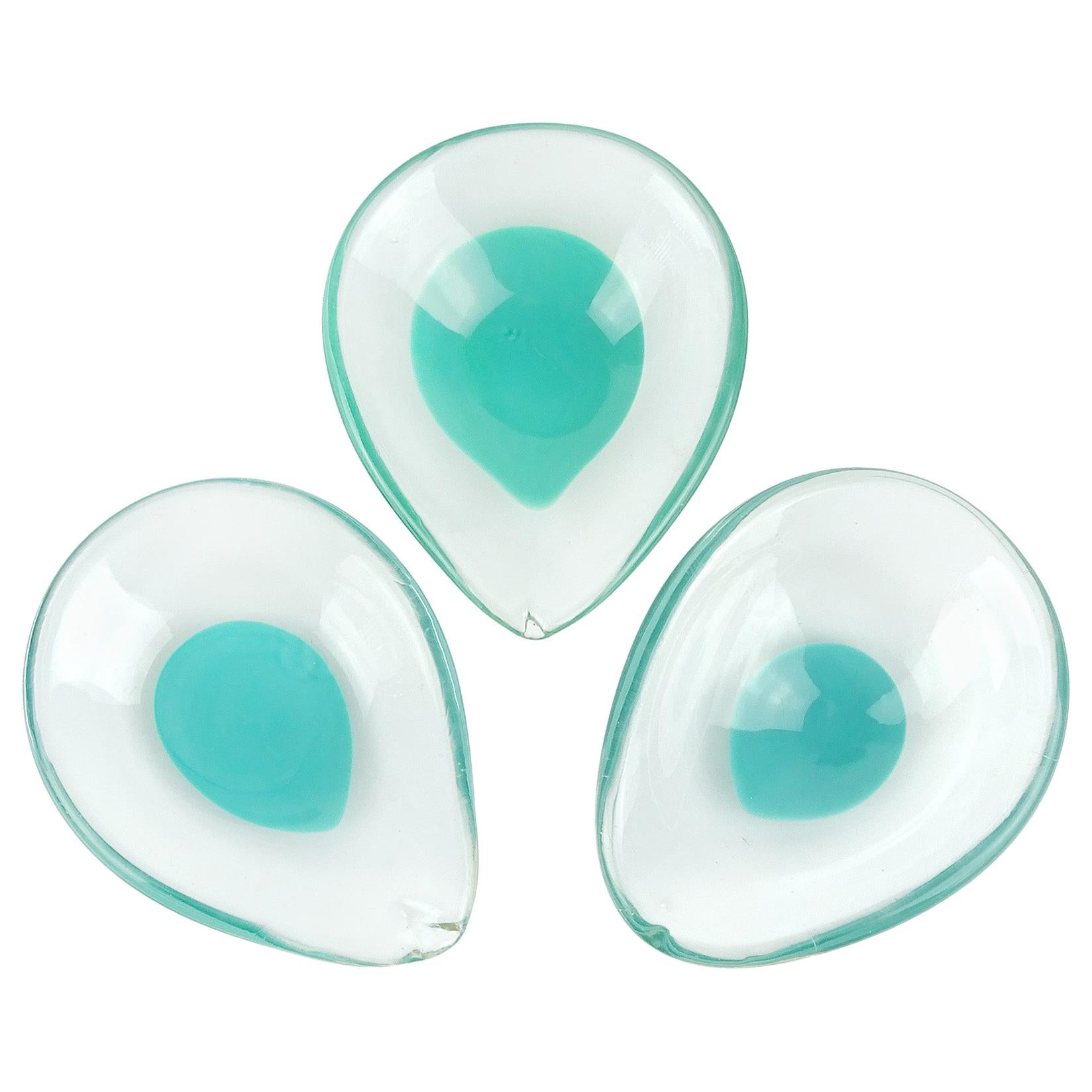 Venini Murano Signed Teal Green Blue Italian Art Glass Teardrop Ring Dishes