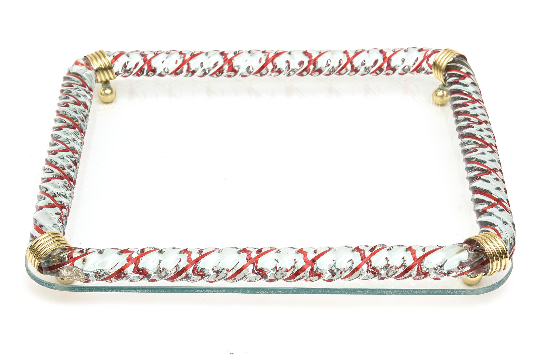 Murano Venini Red Caned Twisted Rope Glass Tray with Brass Mid-Century Modern im Angebot 3