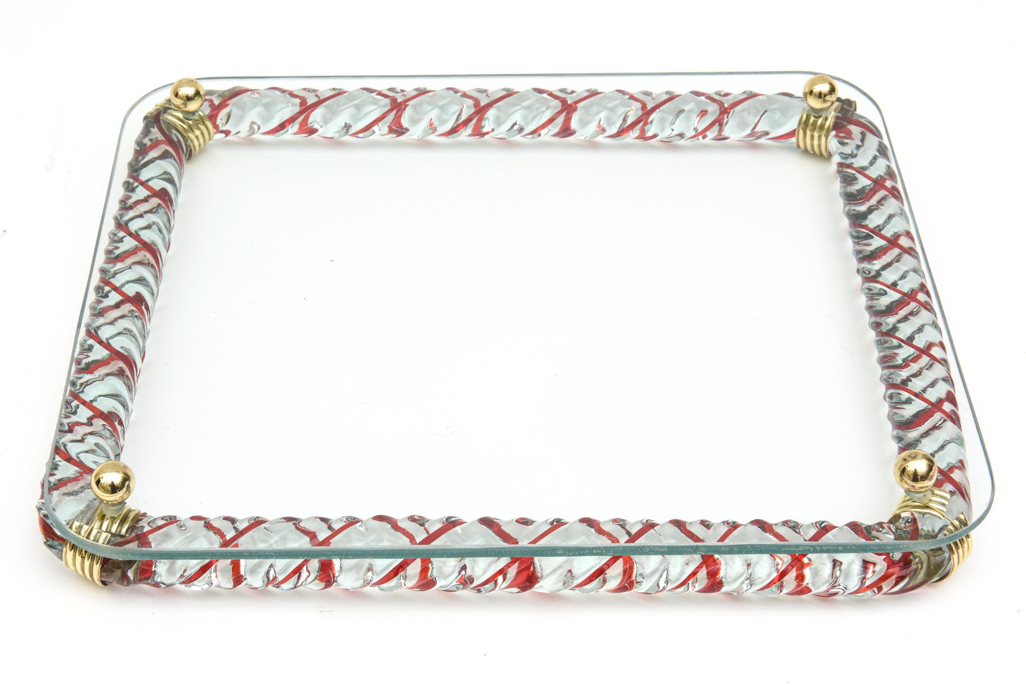 Murano Venini Red Caned Twisted Rope Glass Tray with Brass Mid-Century Modern en vente 2