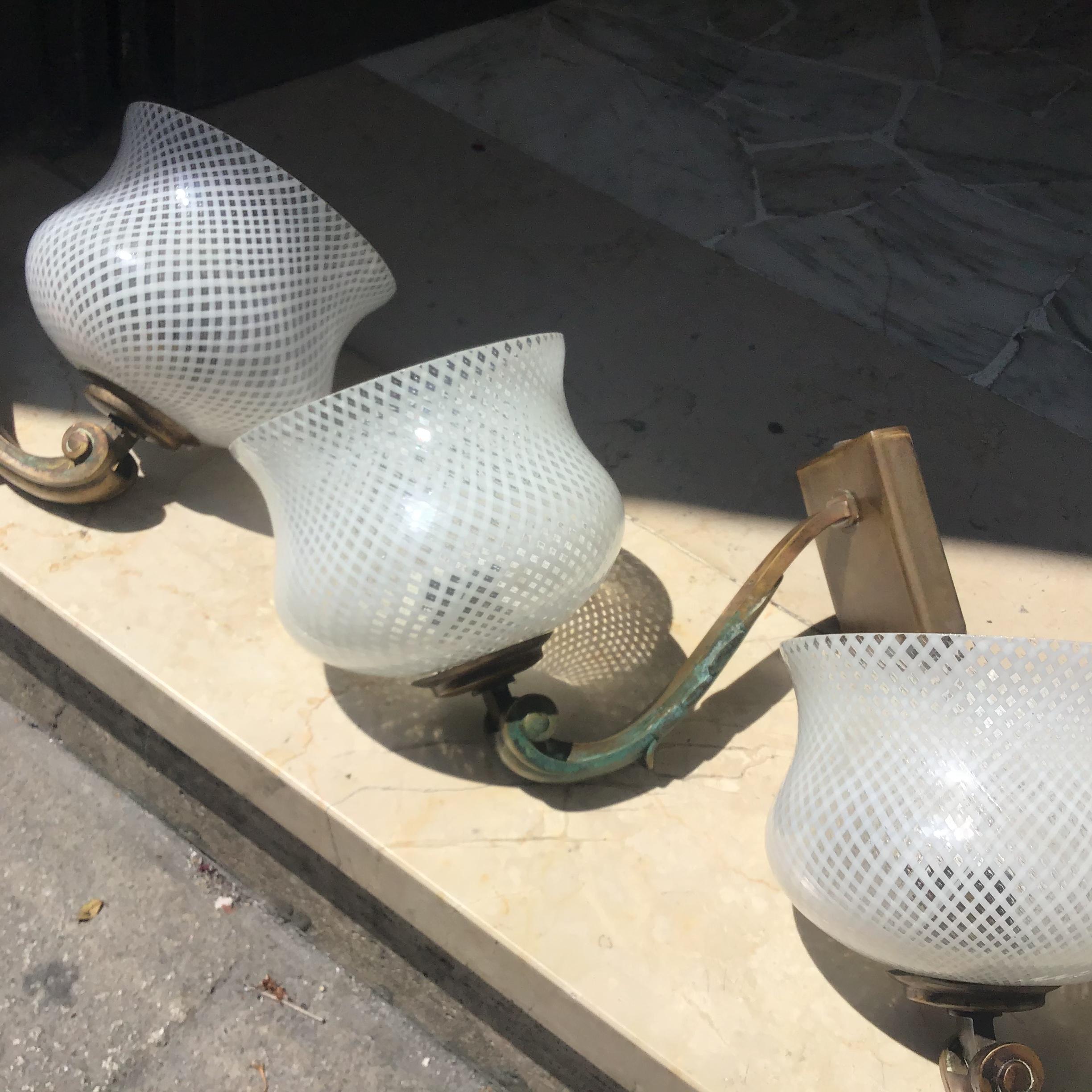 VENINI N 8 Sconces Glass Filigree Brass 1930 Italy For Sale 3