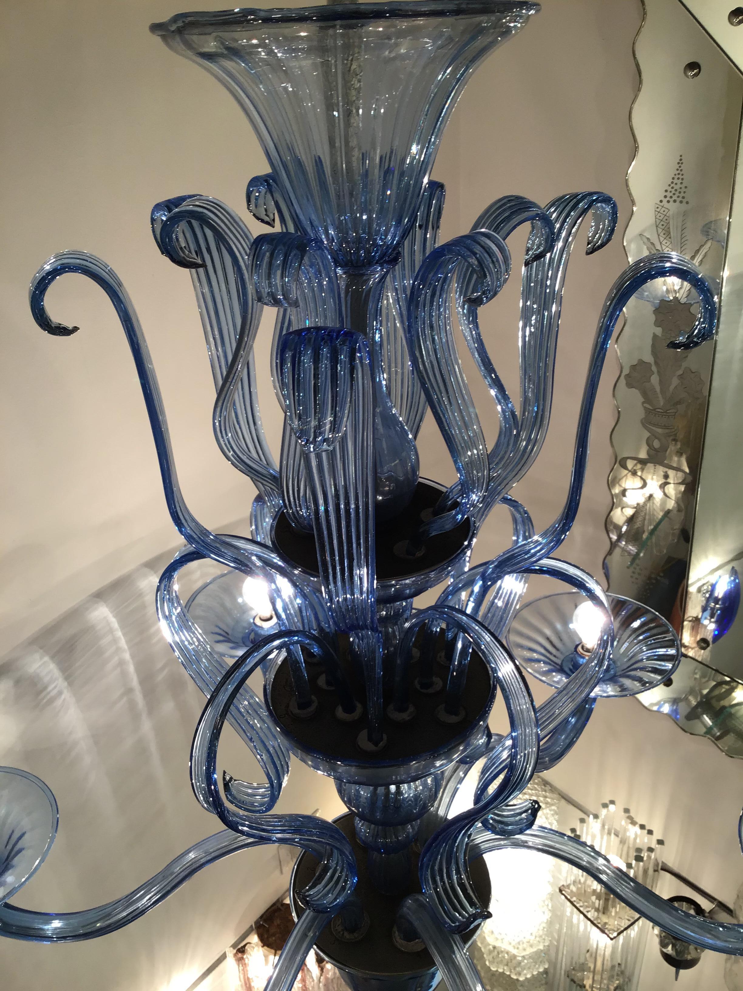 Venini “Napoleone Martinuzzi” Chandelier Blu Murano Glass Iron, 1926, Italy 5
