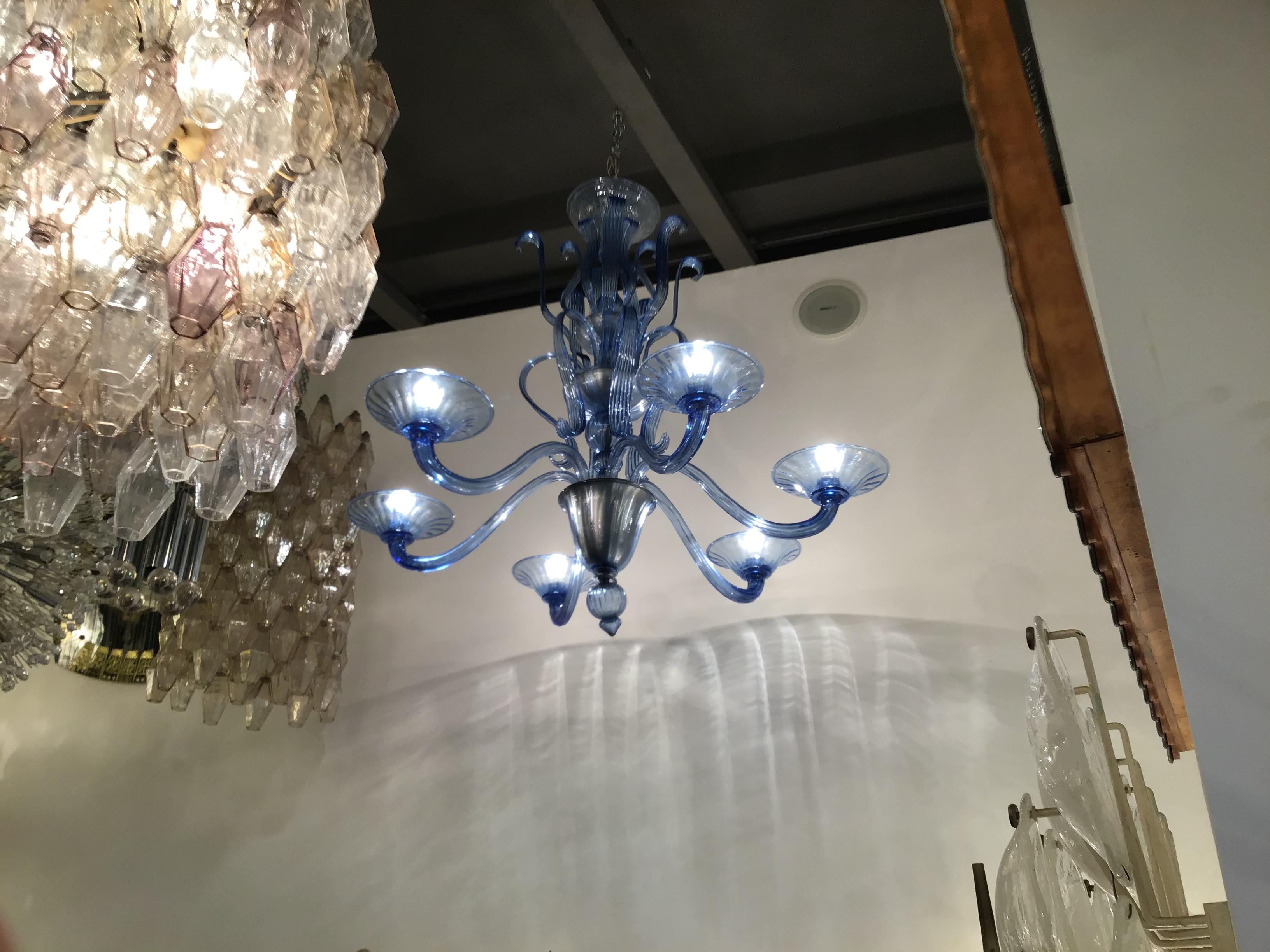 Venini “Napoleone Martinuzzi” chandelier blu Murano glass iron, 1926, Italy.