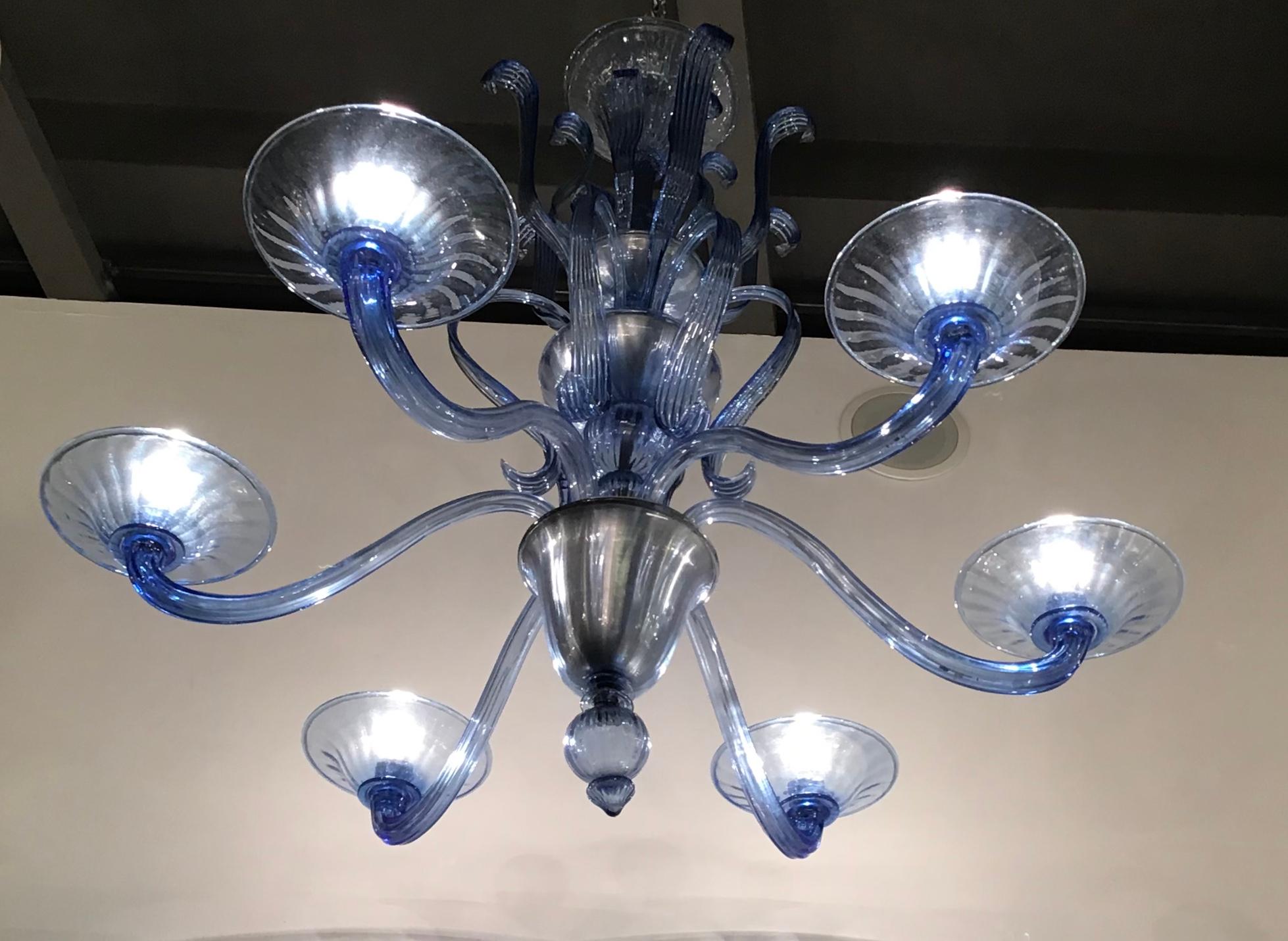 Venini “Napoleone Martinuzzi” Chandelier Blu Murano Glass Iron, 1926, Italy In Excellent Condition In Milano, IT