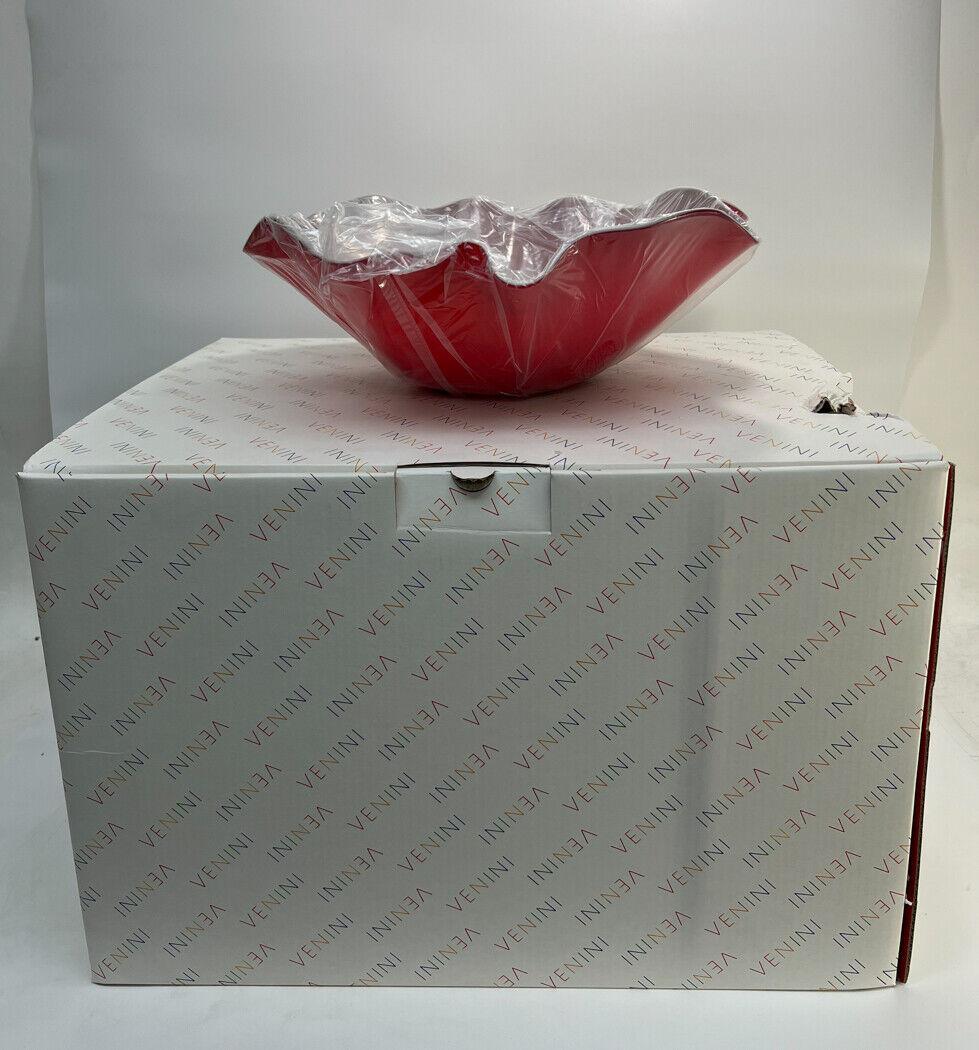 Venini Narciso Opaline Glass Vase. A red exterior with grey interior  Original Venini sticker label and papers. In original foam fitted box. Please note the image used in the main photo is a stock photo as we have not removed the item from the
