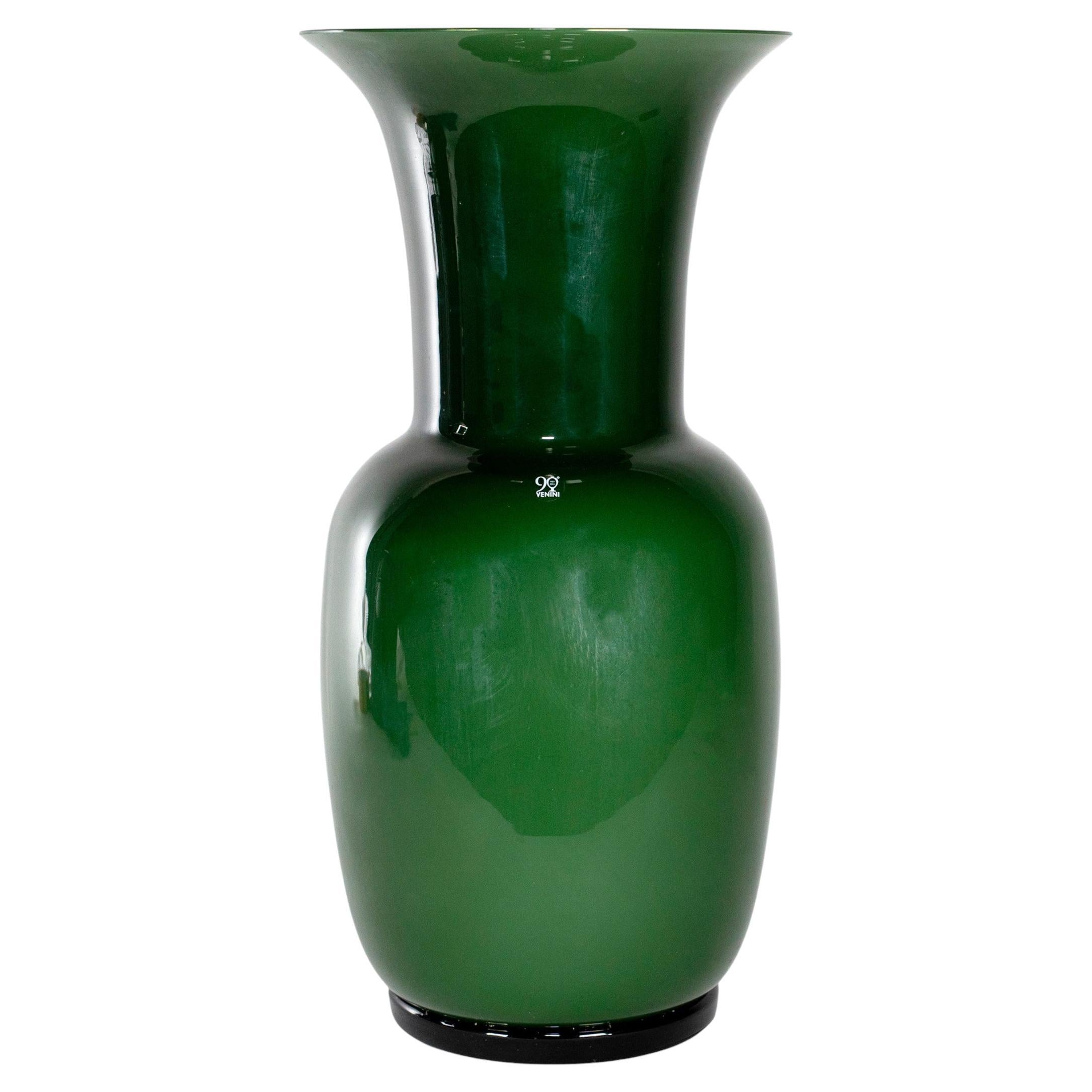 VENINI Opalino 90th vase Green Murano Glass, Signed 2012, handmade in Italy