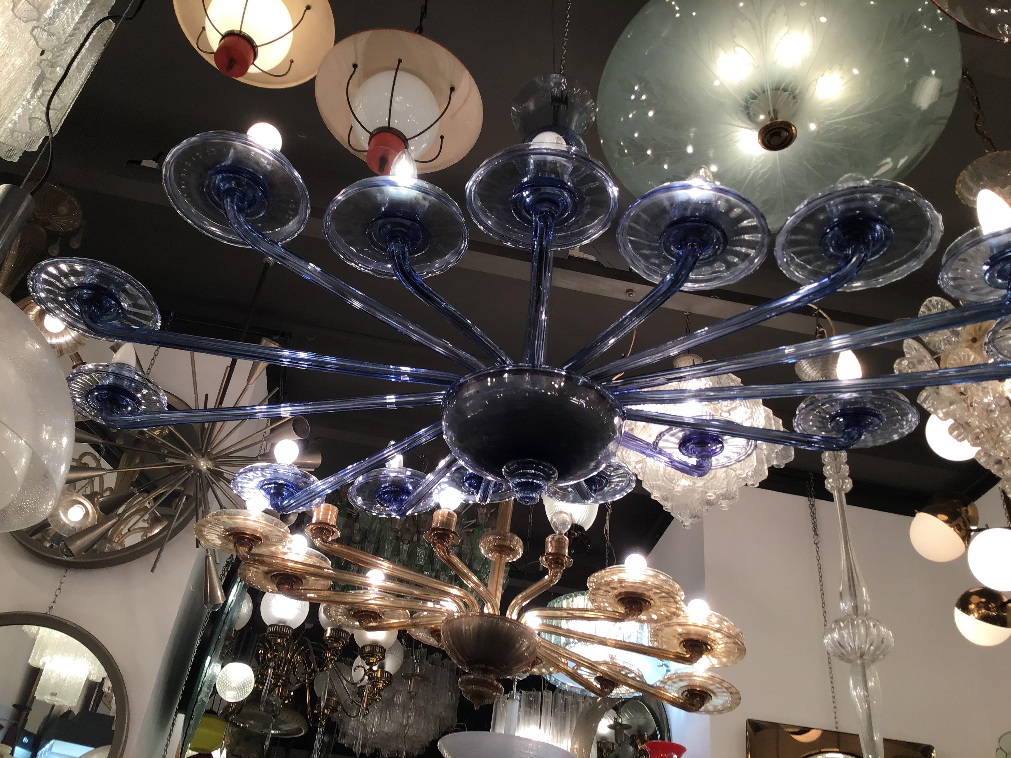 VENINI Oval Blu Chandelier Murano Glass Iron Wood 1930 Italy in vendita 3