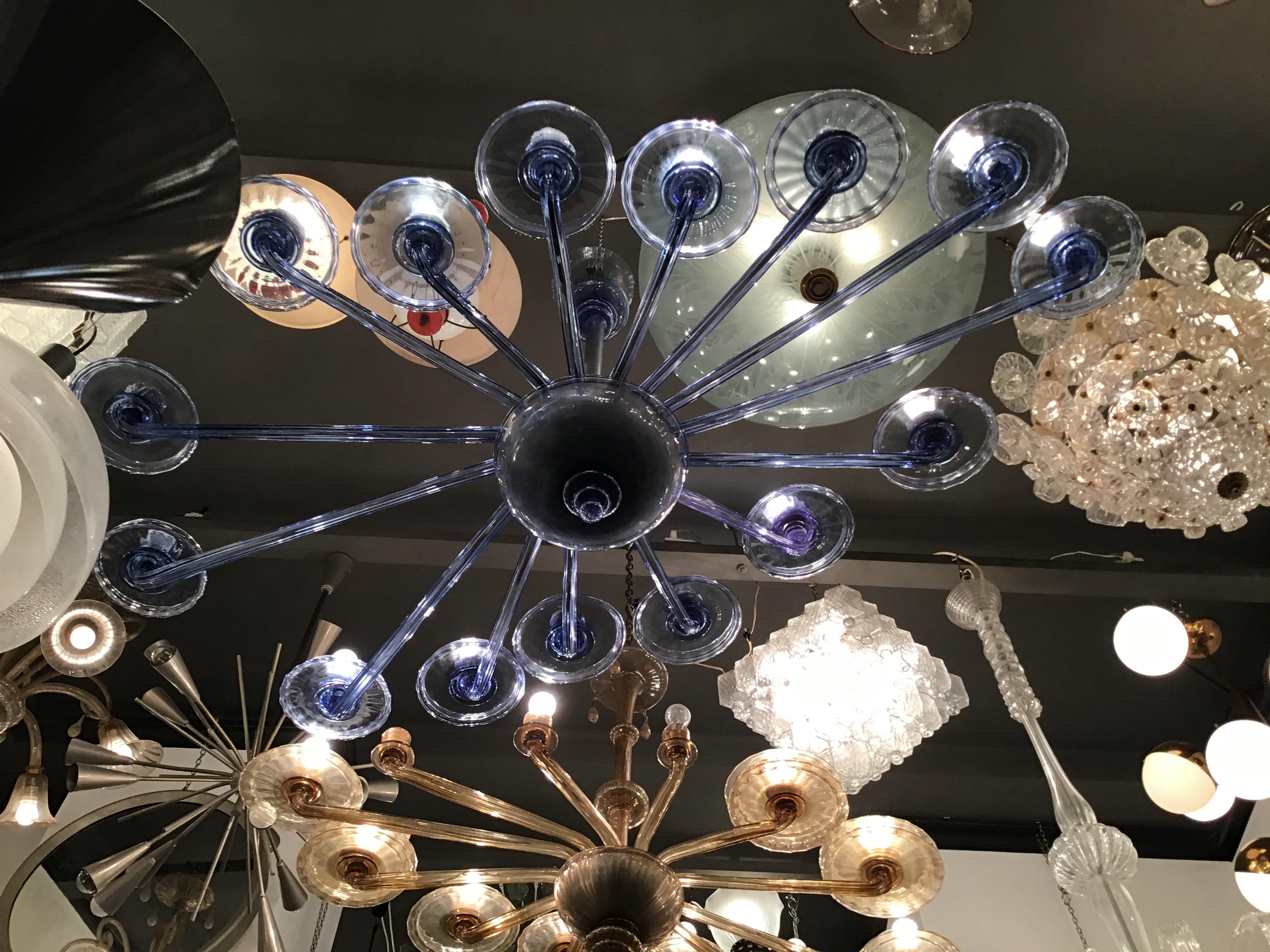 VENINI Oval Blu Chandelier Murano Glass Iron Wood 1930 Italy in vendita 4