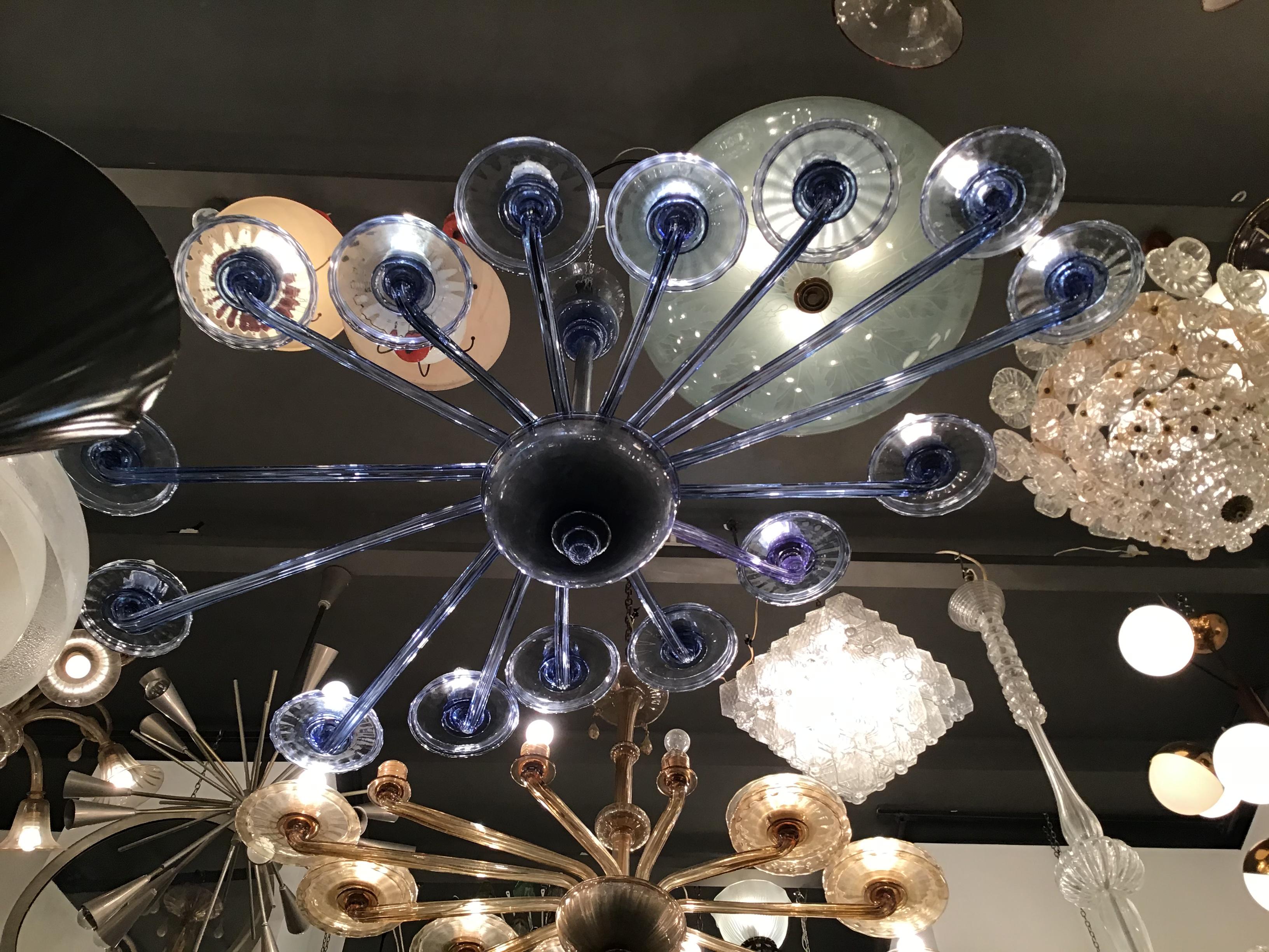 VENINI Oval Blu Chandelier Murano Glass Iron Wood 1930 Italy in vendita 6