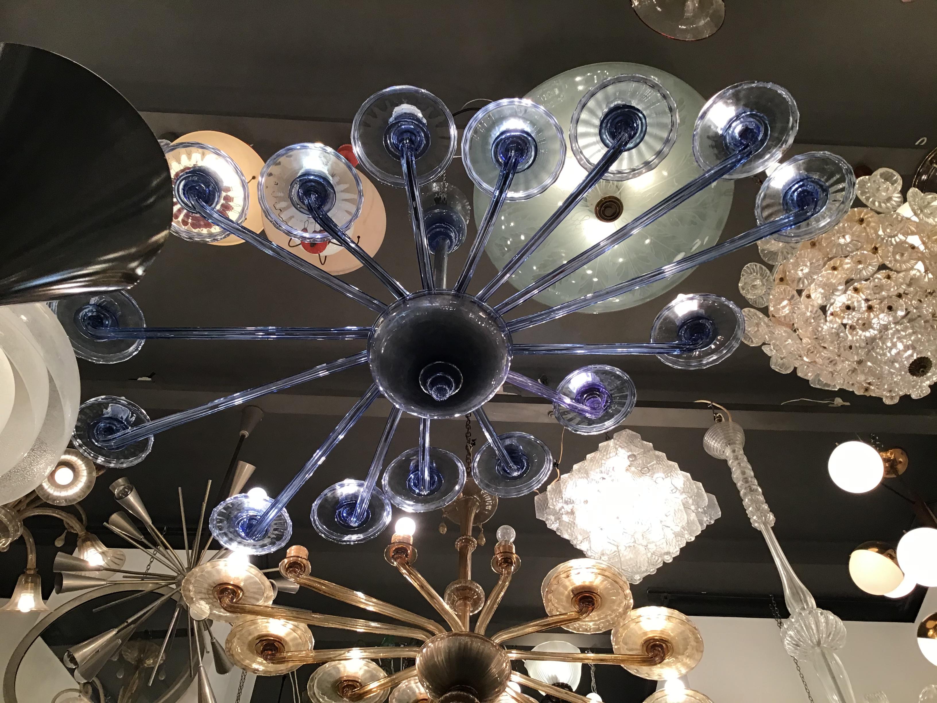 VENINI Oval Blu Chandelier Murano Glass Iron Wood 1930 Italy in vendita 7