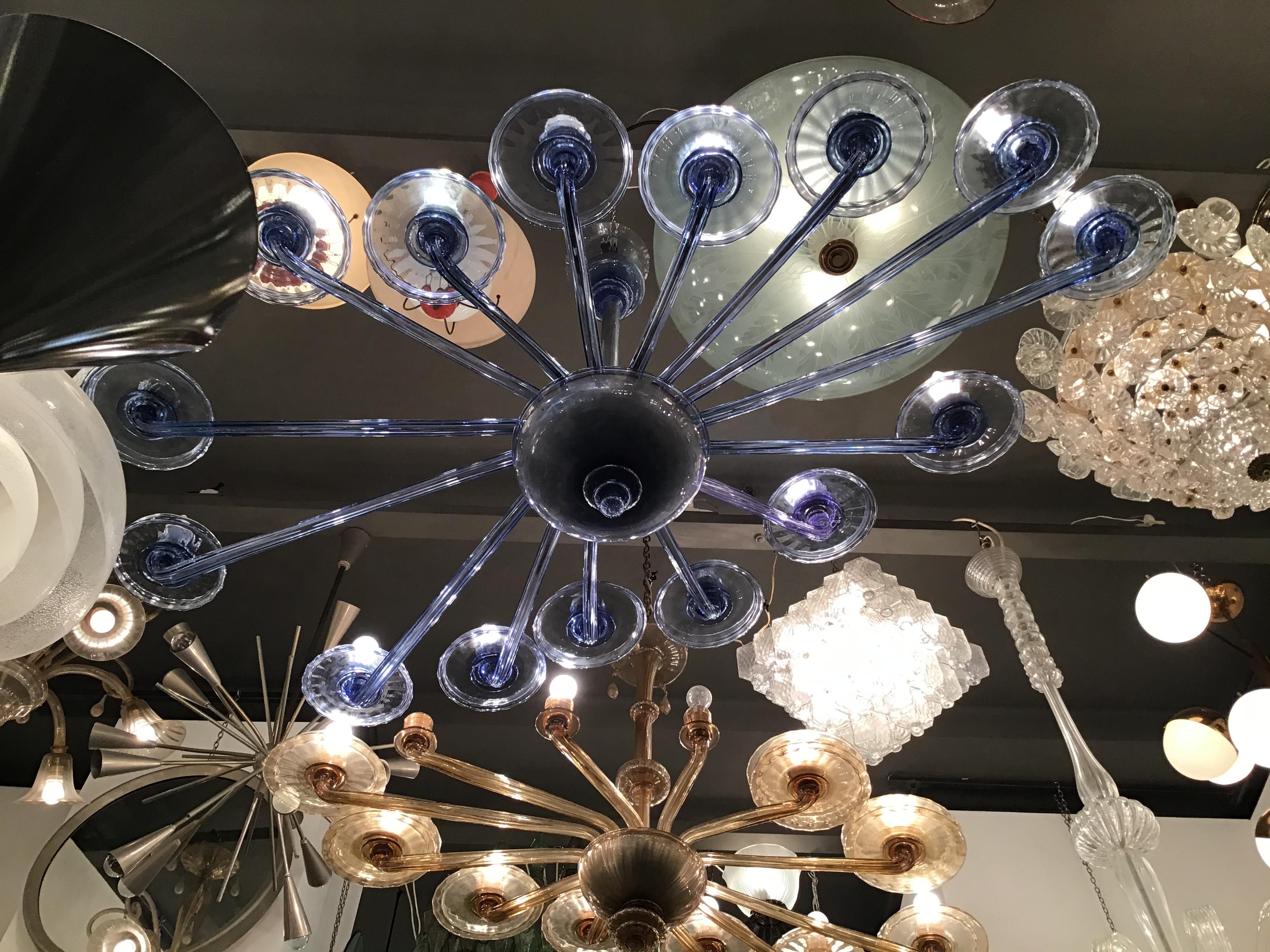 VENINI Oval Blu Chandelier Murano Glass Iron Wood 1930 Italy in vendita 8