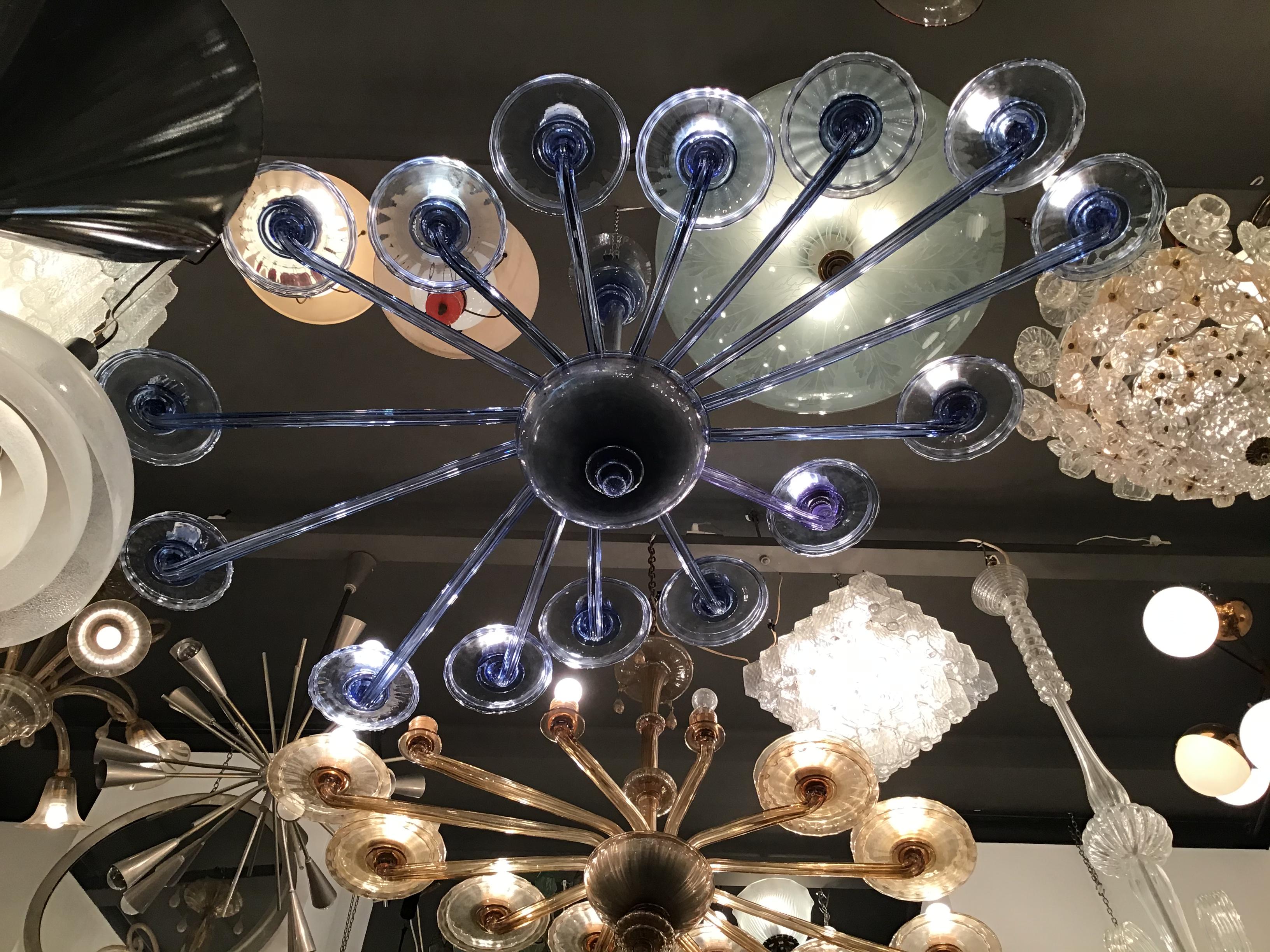 VENINI Oval Blu Chandelier Murano Glass Iron Wood 1930 Italy in vendita 9