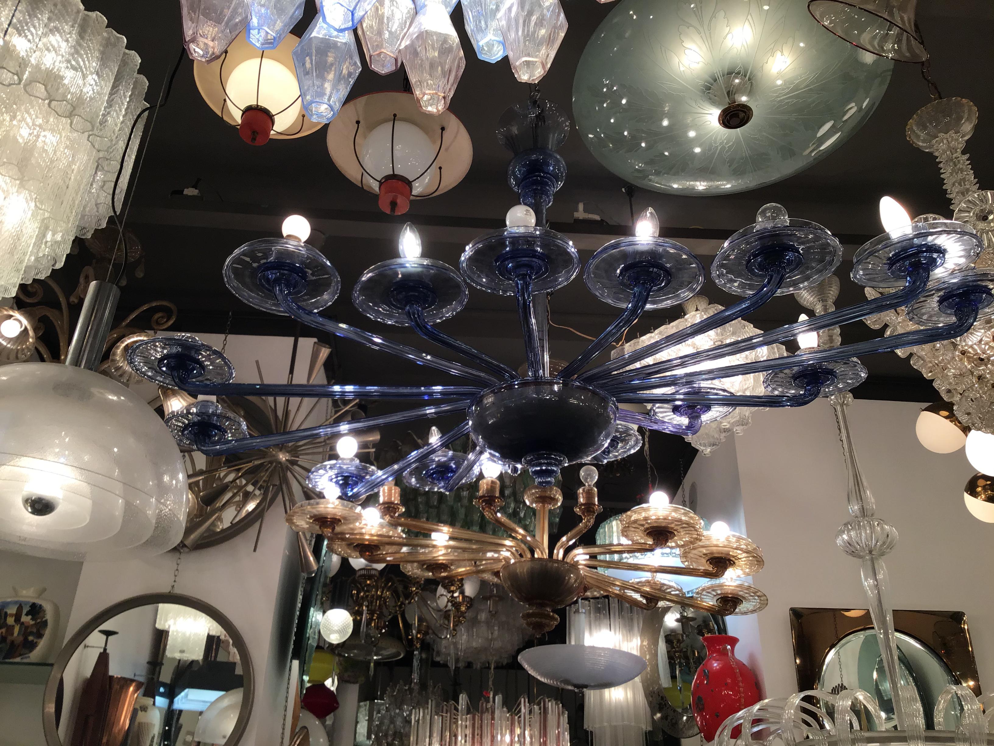 VENINI Oval Blu Chandelier Murano Glass Iron Wood 1930 Italy in vendita 10