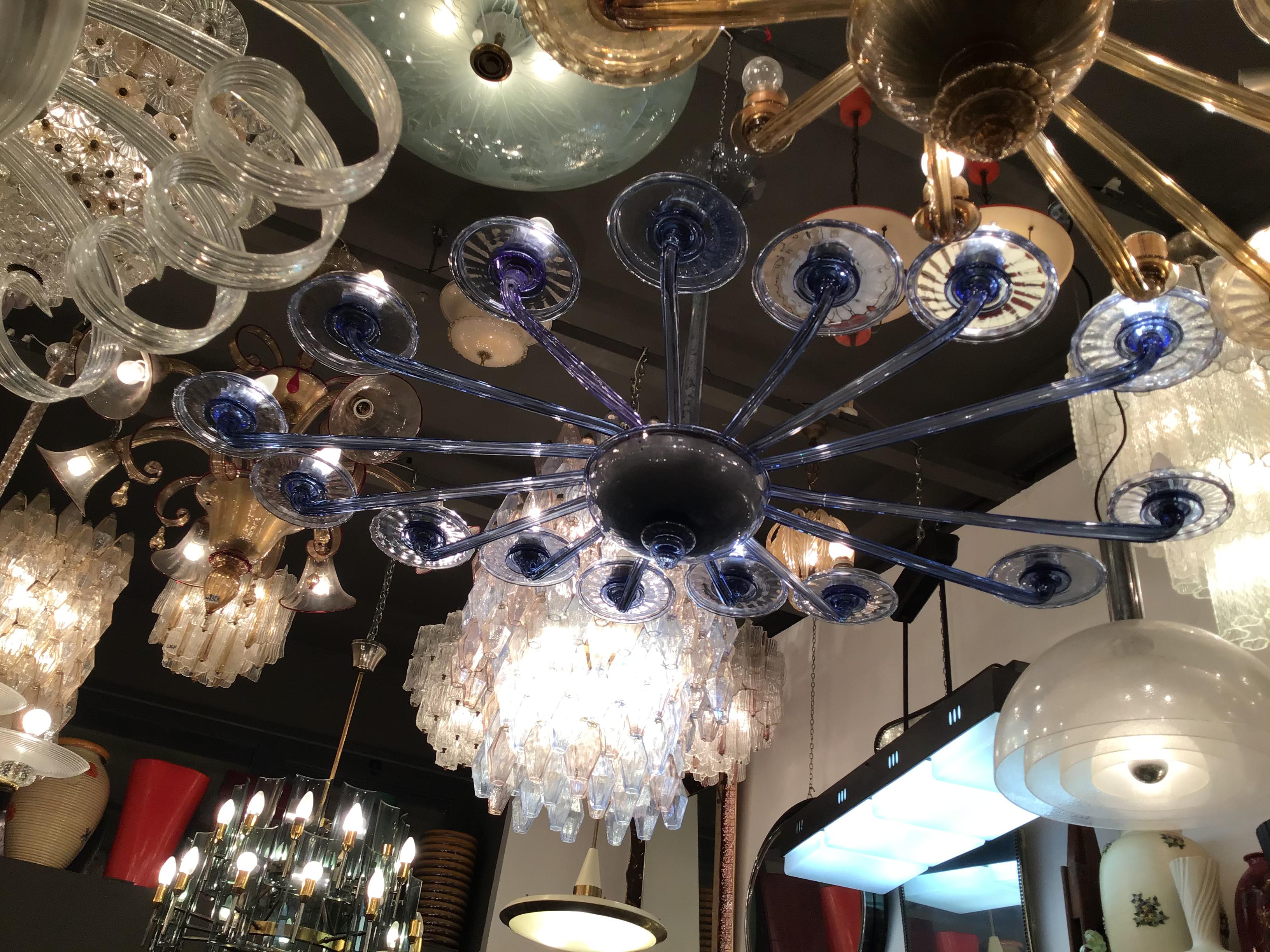 VENINI Oval Blu Chandelier Murano Glass Iron Wood 1930 Italy in vendita 12