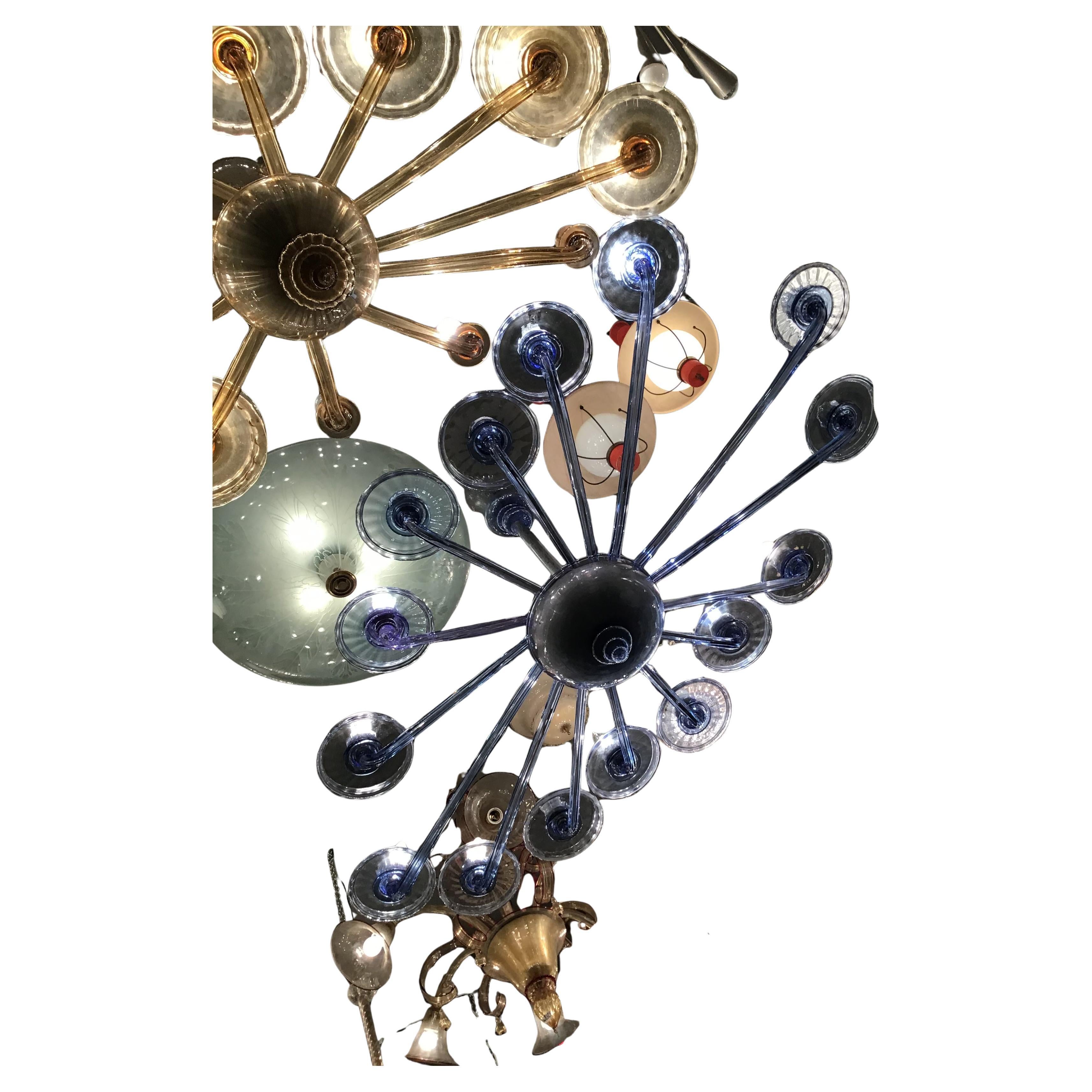 Altro VENINI Oval Blu Chandelier Murano Glass Iron Wood 1930 Italy in vendita