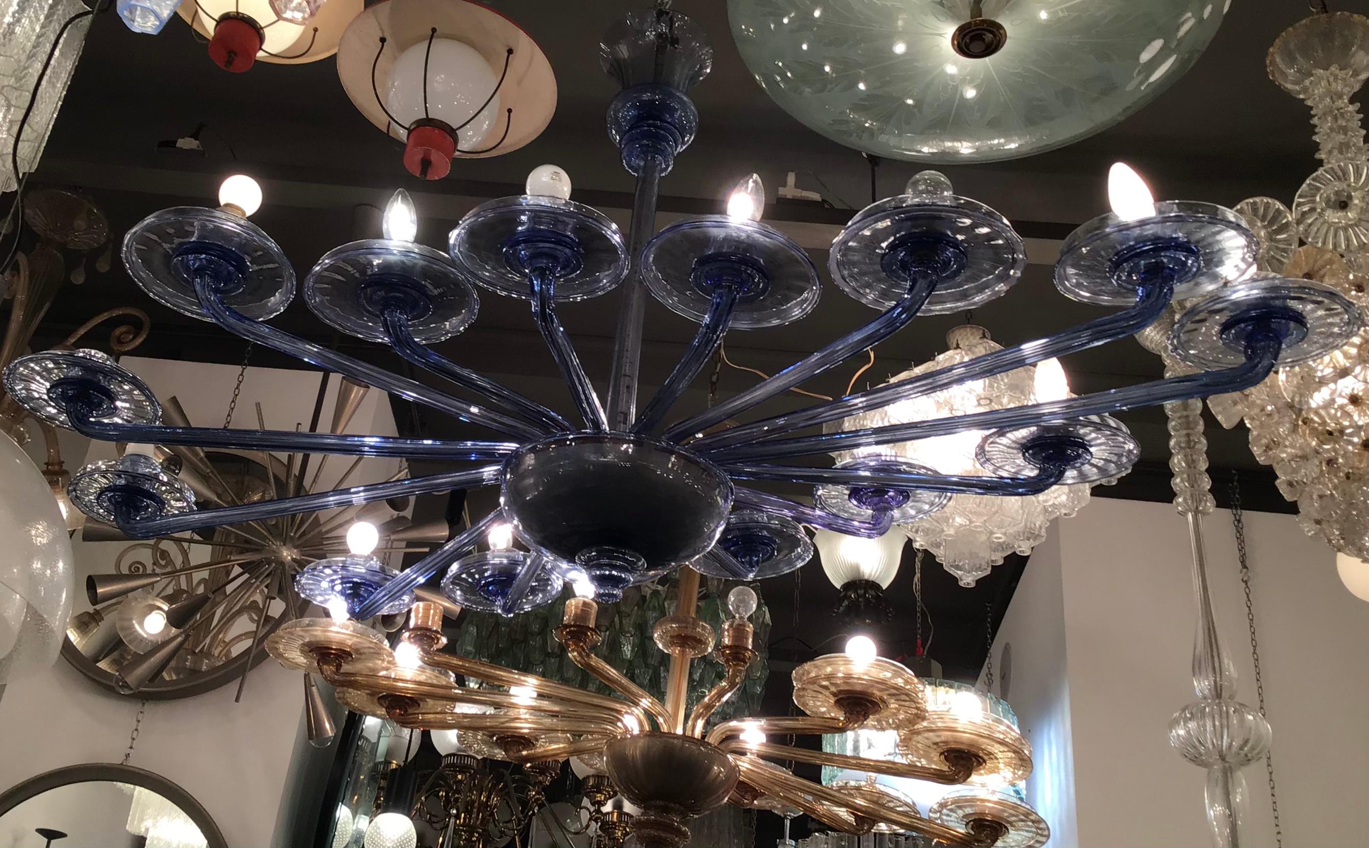 Italian VENINI Oval Blu Chandelier Murano Glass Iron Wood 1930 Italy in vendita