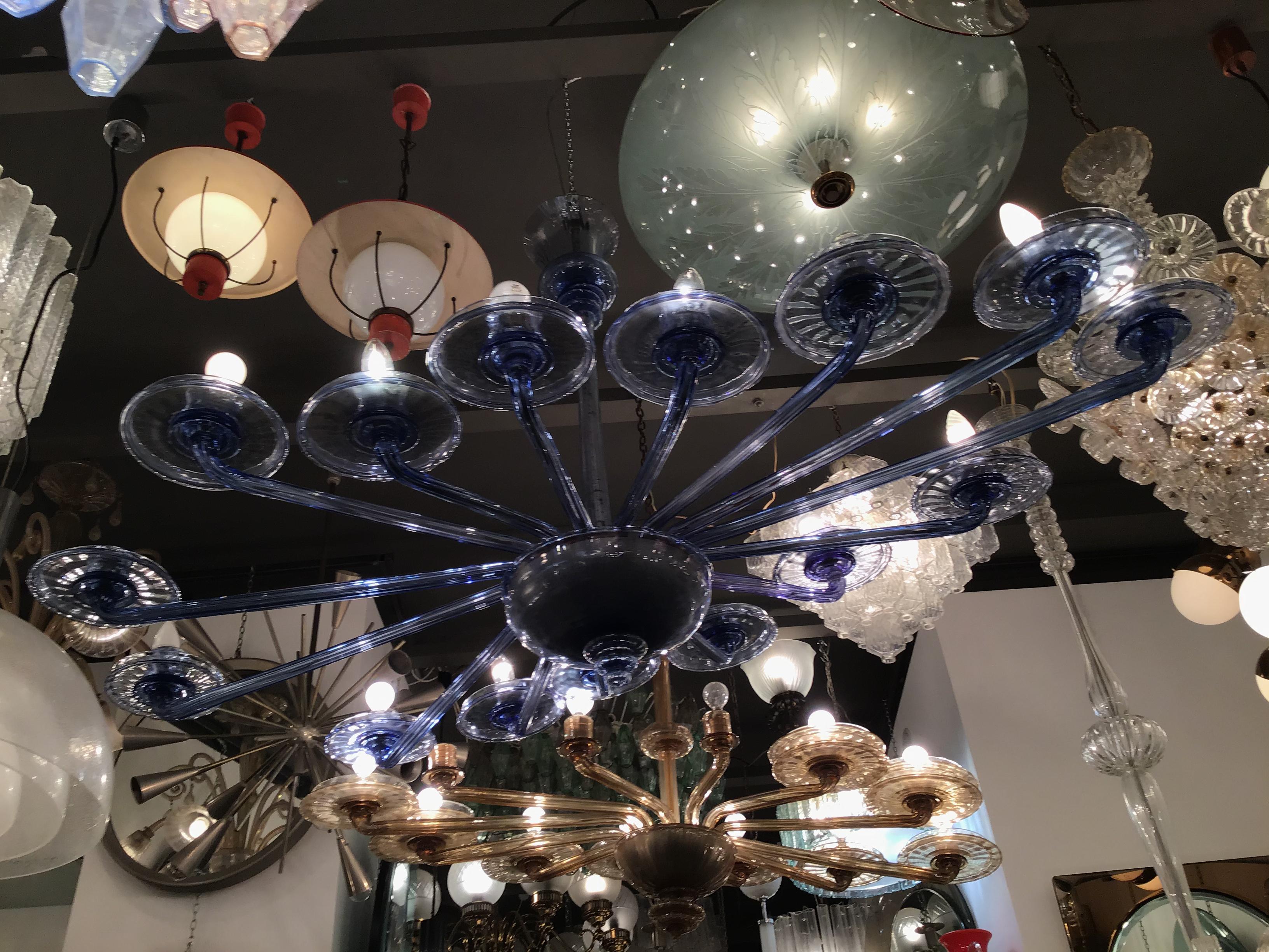VENINI Oval Blu Chandelier Murano Glass Iron Wood 1930 Italy in vendita 1