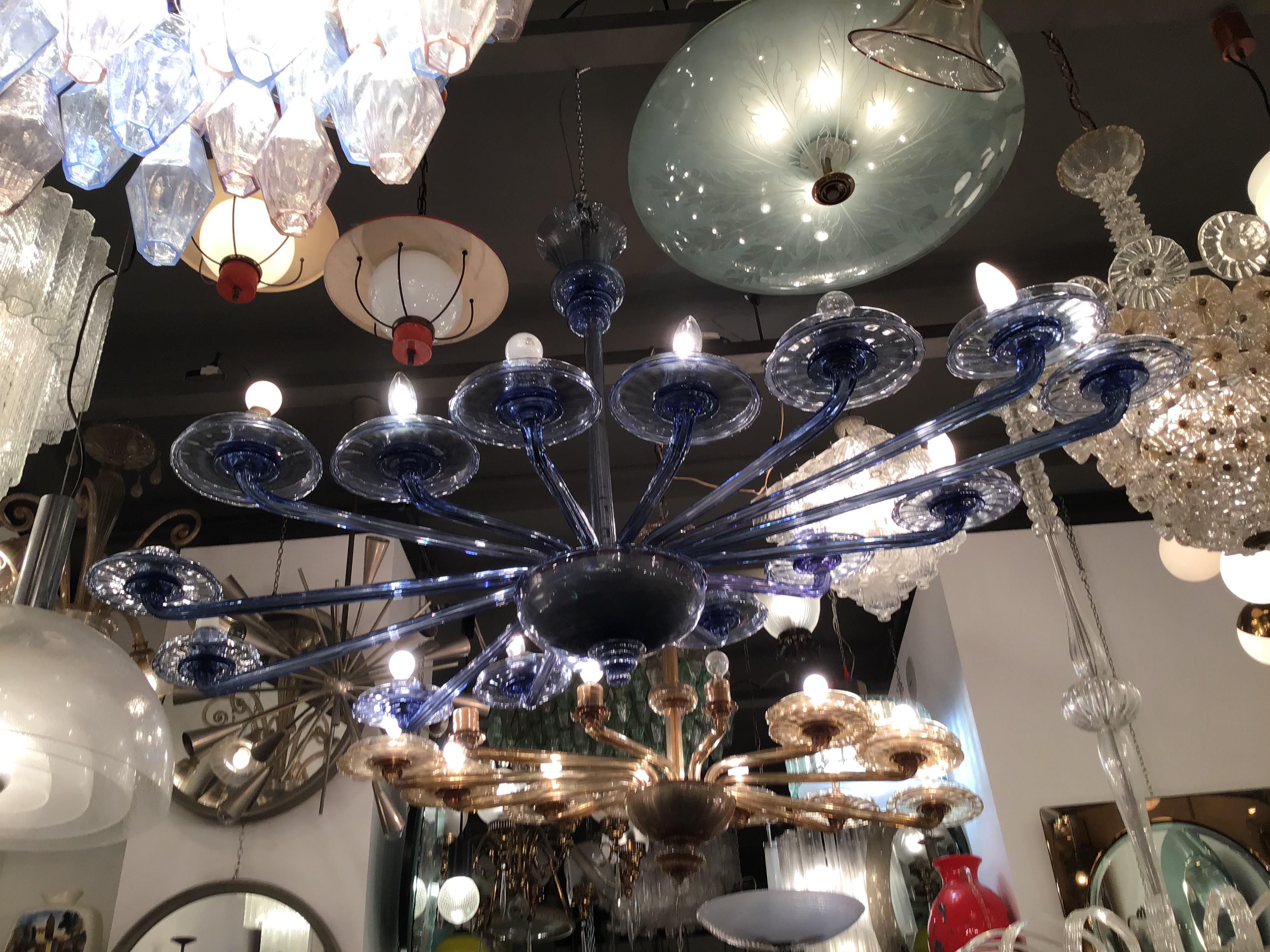 VENINI Oval Blu Chandelier Murano Glass Iron Wood 1930 Italy in vendita 2