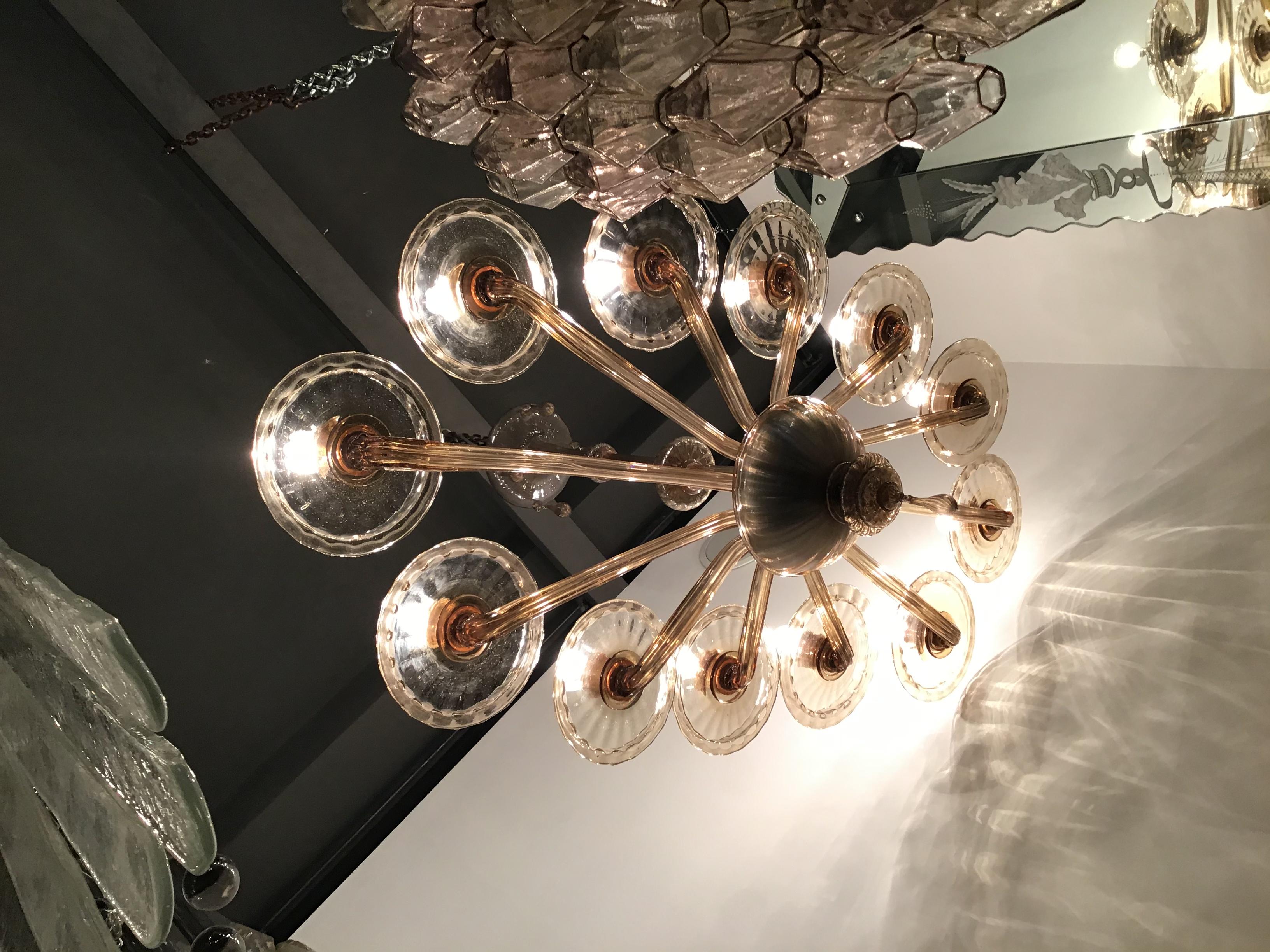 Raro ed eccezionale lampadario ovale Venini in vetro di Murano a 12 luci, 1930, Italia.