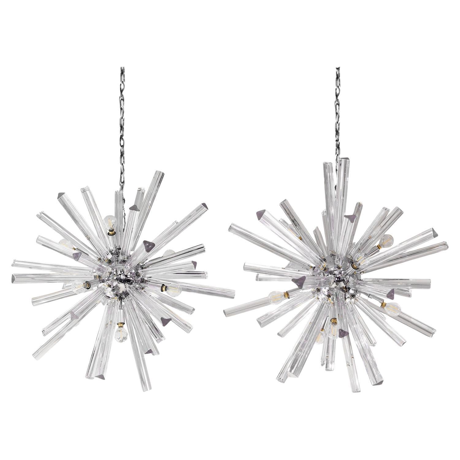 Venini Pair of Sputnik Chandeliers in Chrome with Artisan Glass Rods 1970s