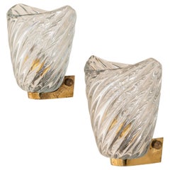 Venini Pair of Wall Lights, Brass and Murano Glass, 1950