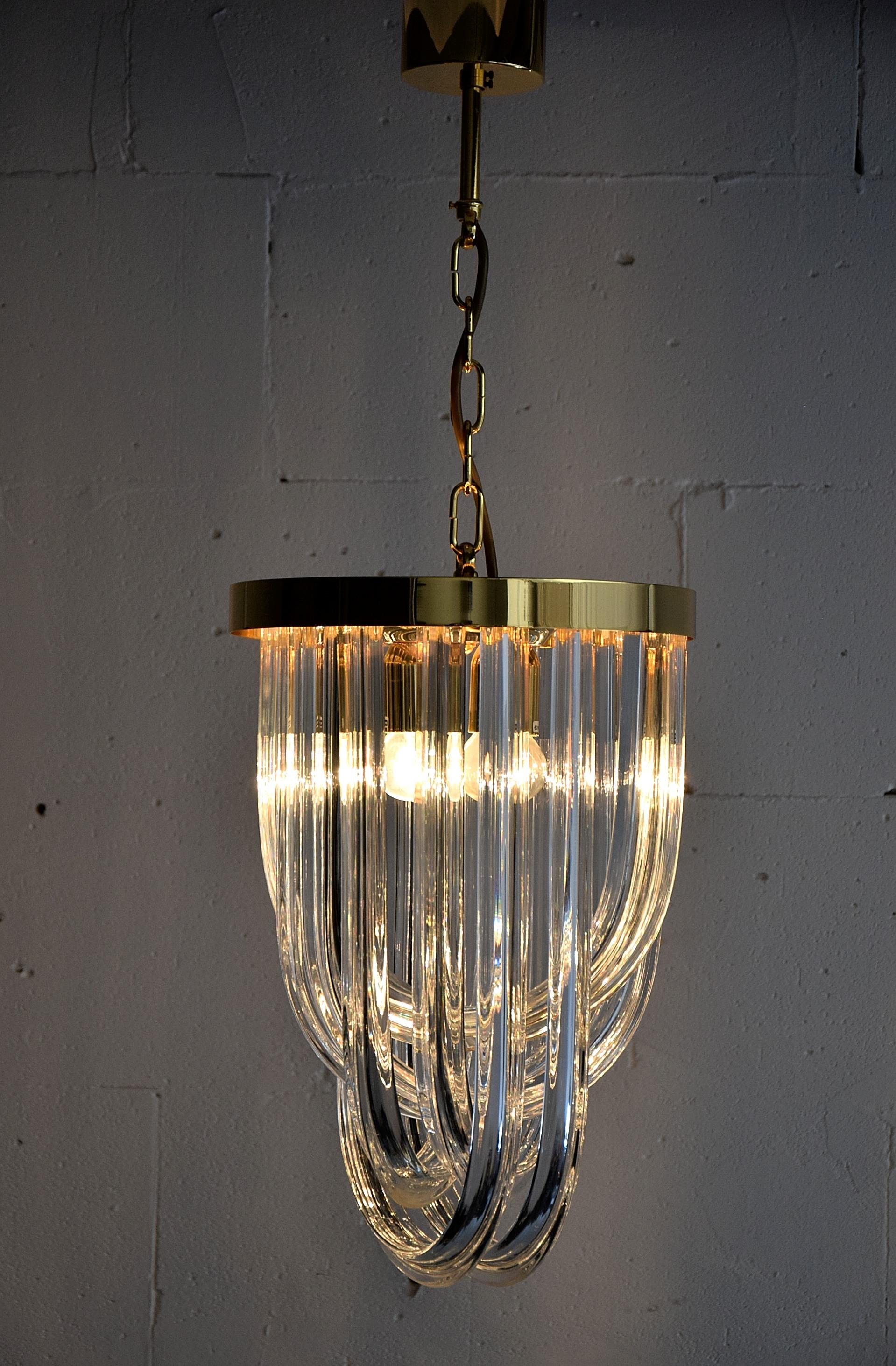 Venini Pendant Chandelier, Curved Crystal Glass & Gold Plated Brass. For Sale 7