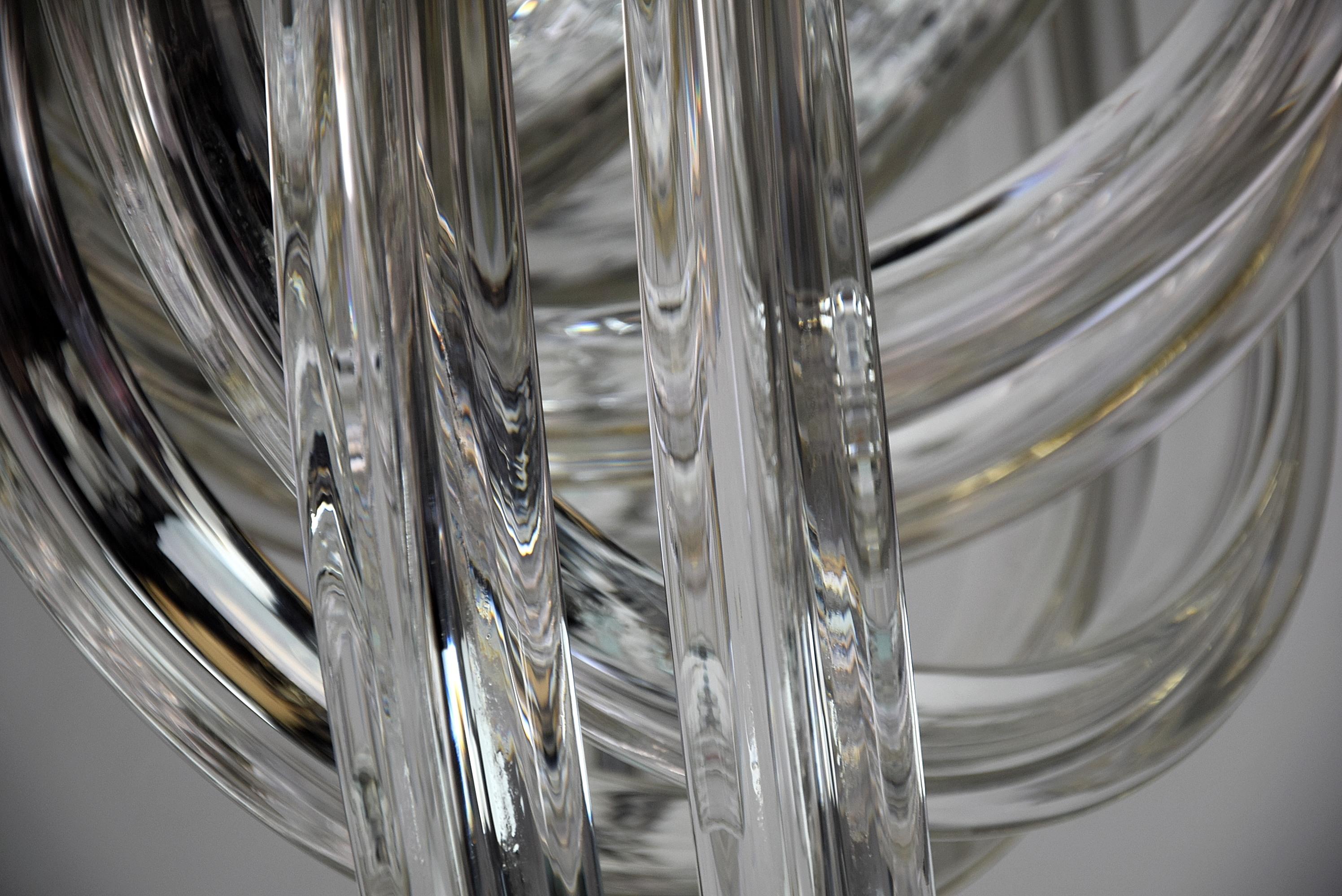 Mid-Century Modern Venini Pendant Chandelier, Curved Crystal Glass & Gold Plated Brass.