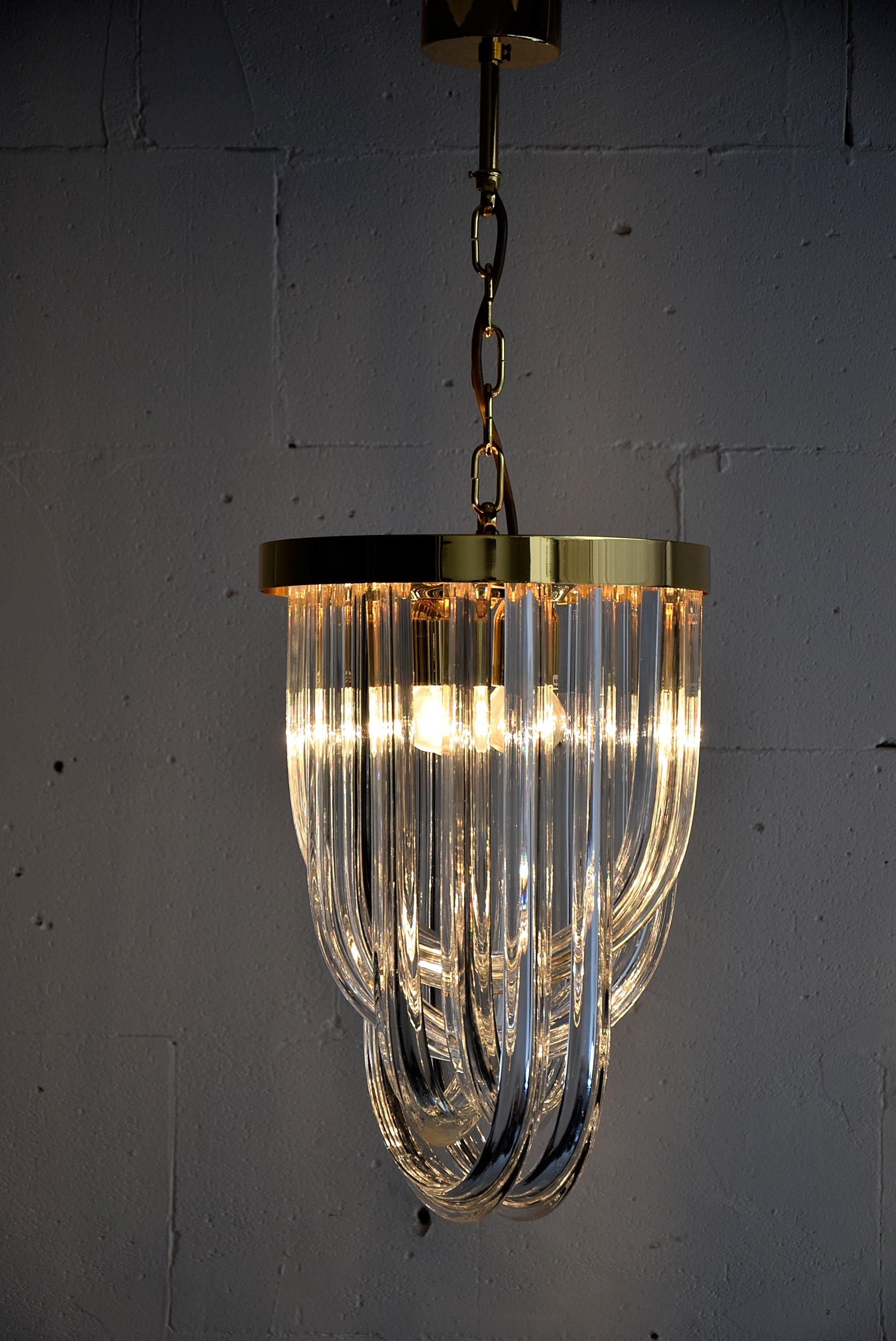 Italian Venini Pendant Chandelier, Curved Crystal Glass & Gold Plated Brass. For Sale