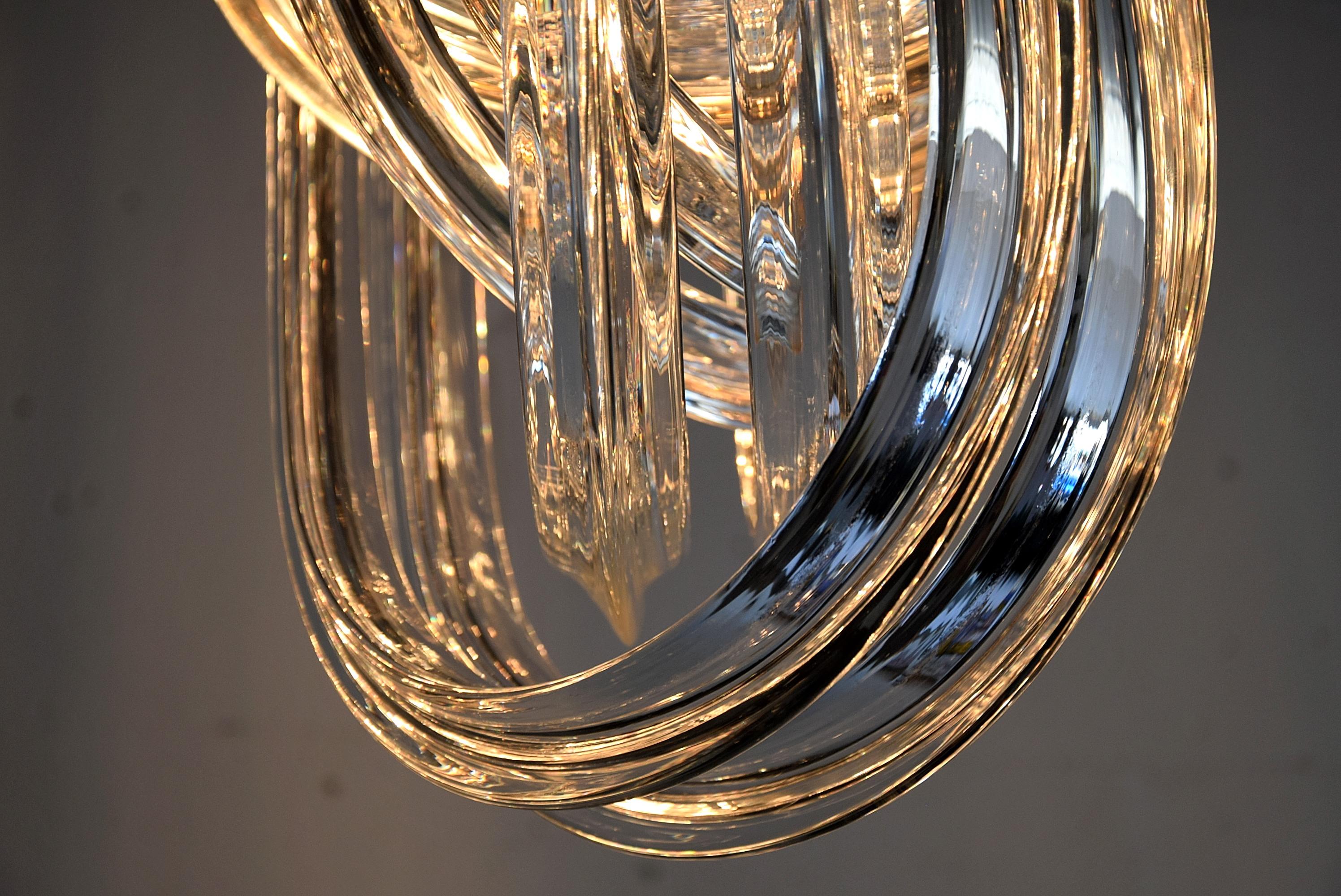 Venini Pendant Chandelier, Curved Crystal Glass & Gold Plated Brass. For Sale 2