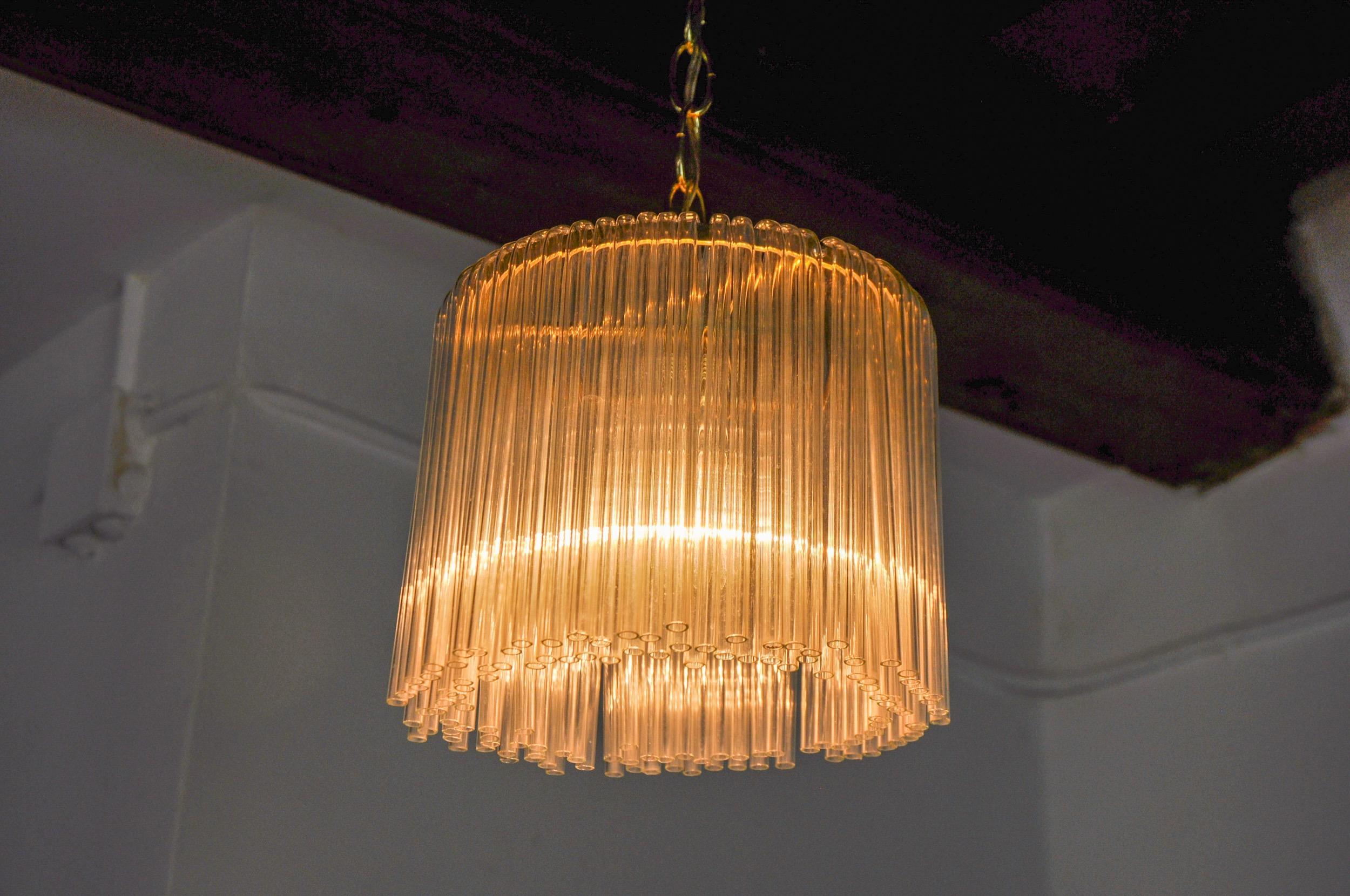 Crystal Venini pendant light, tubular murano glass, Italy, 1970 For Sale