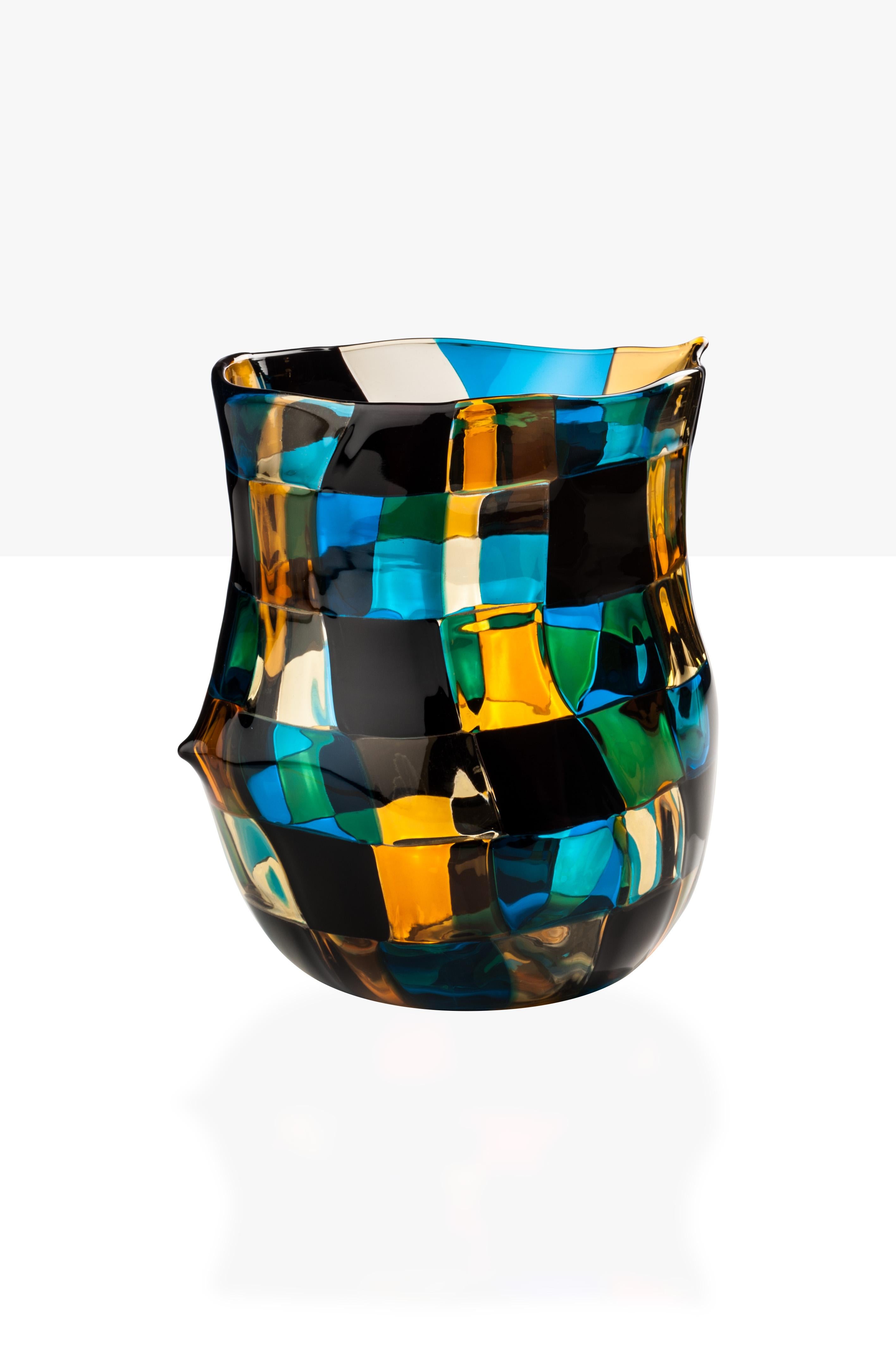 Modern Venini Pezzati Tall Glass Vase in Aquamarine, Yellow & Black by Fulvio Bianconi