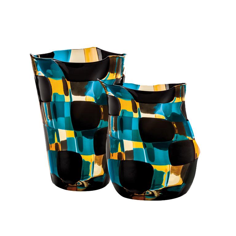 Italian Venini Pezzati Tall Glass Vase in Aquamarine, Yellow & Black by Fulvio Bianconi