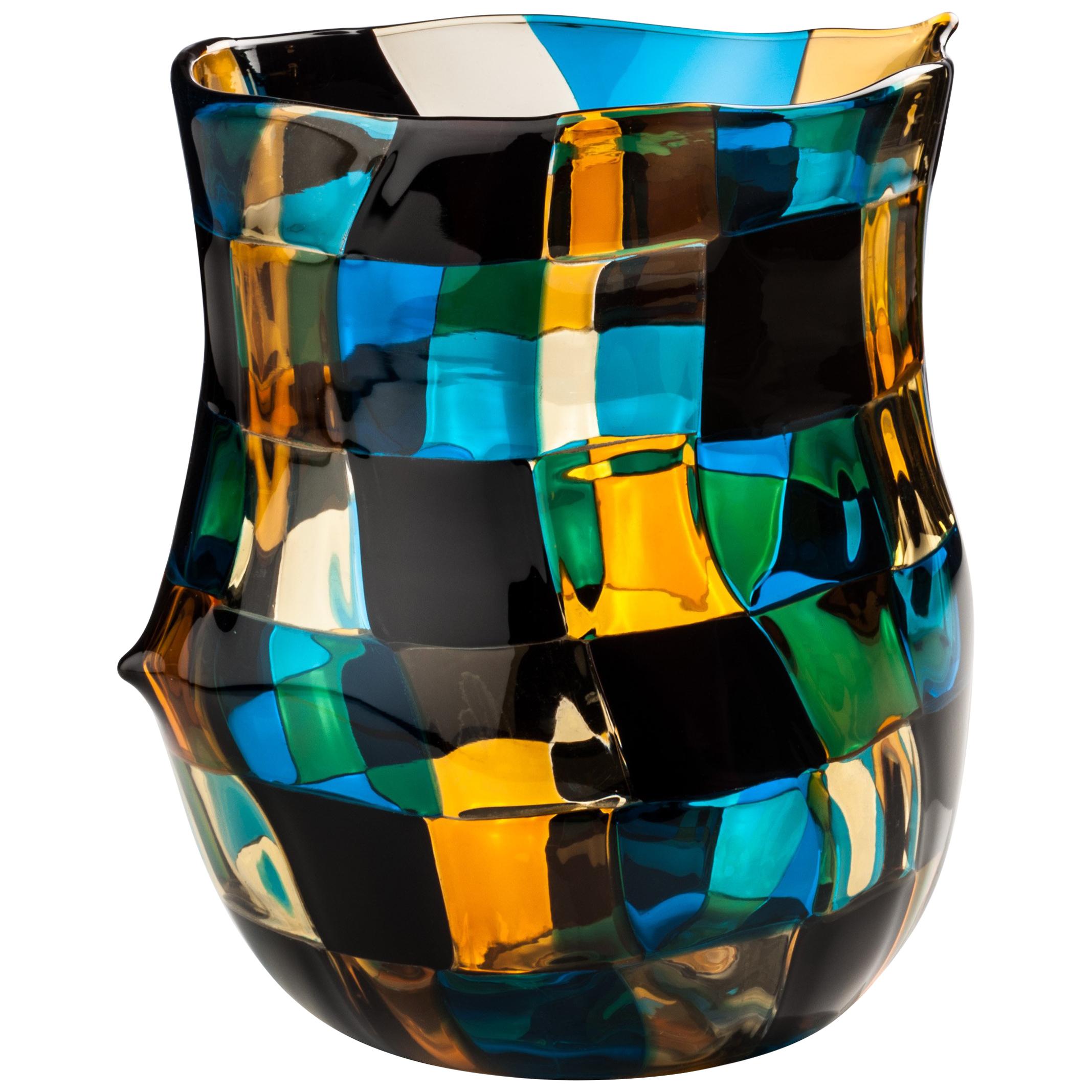 Venini Pezzati Tall Glass Vase in Aquamarine, Yellow & Black by Fulvio Bianconi