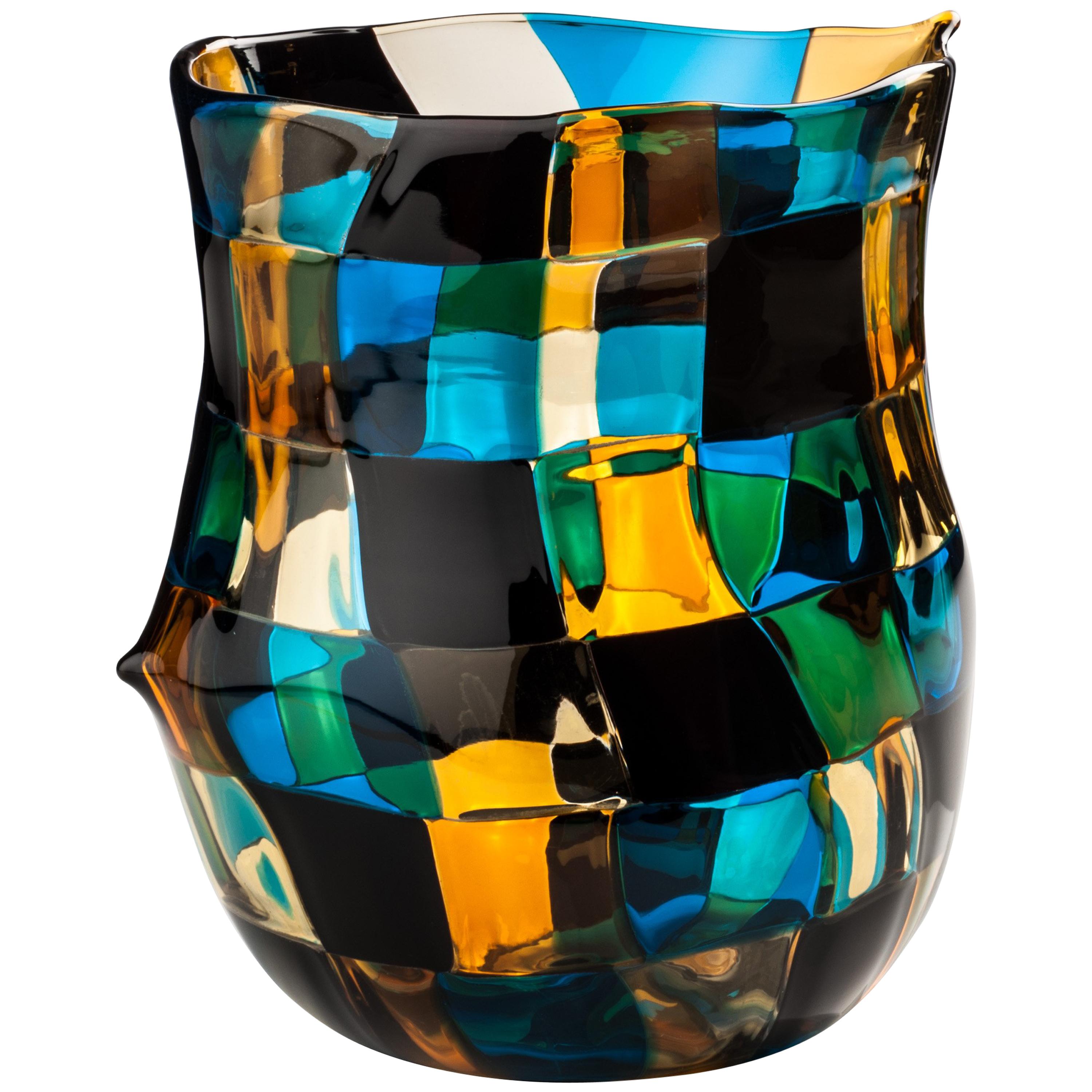 Venini Pezzati Vase in Aquamarine, Yellow and Black by Fulvio Bianconi