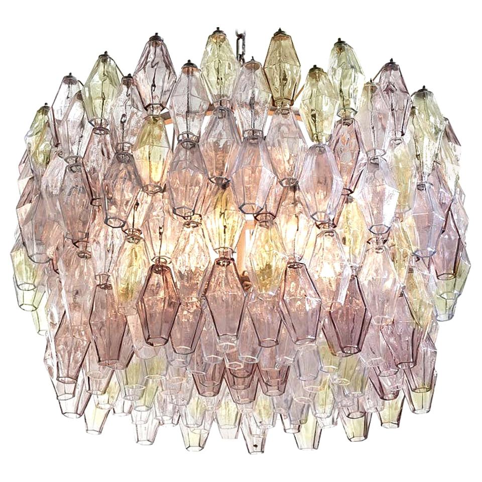 Venini Pink and Amber Oval Shaped Poliedri Chandelier by Carlo Scarpa, 1955