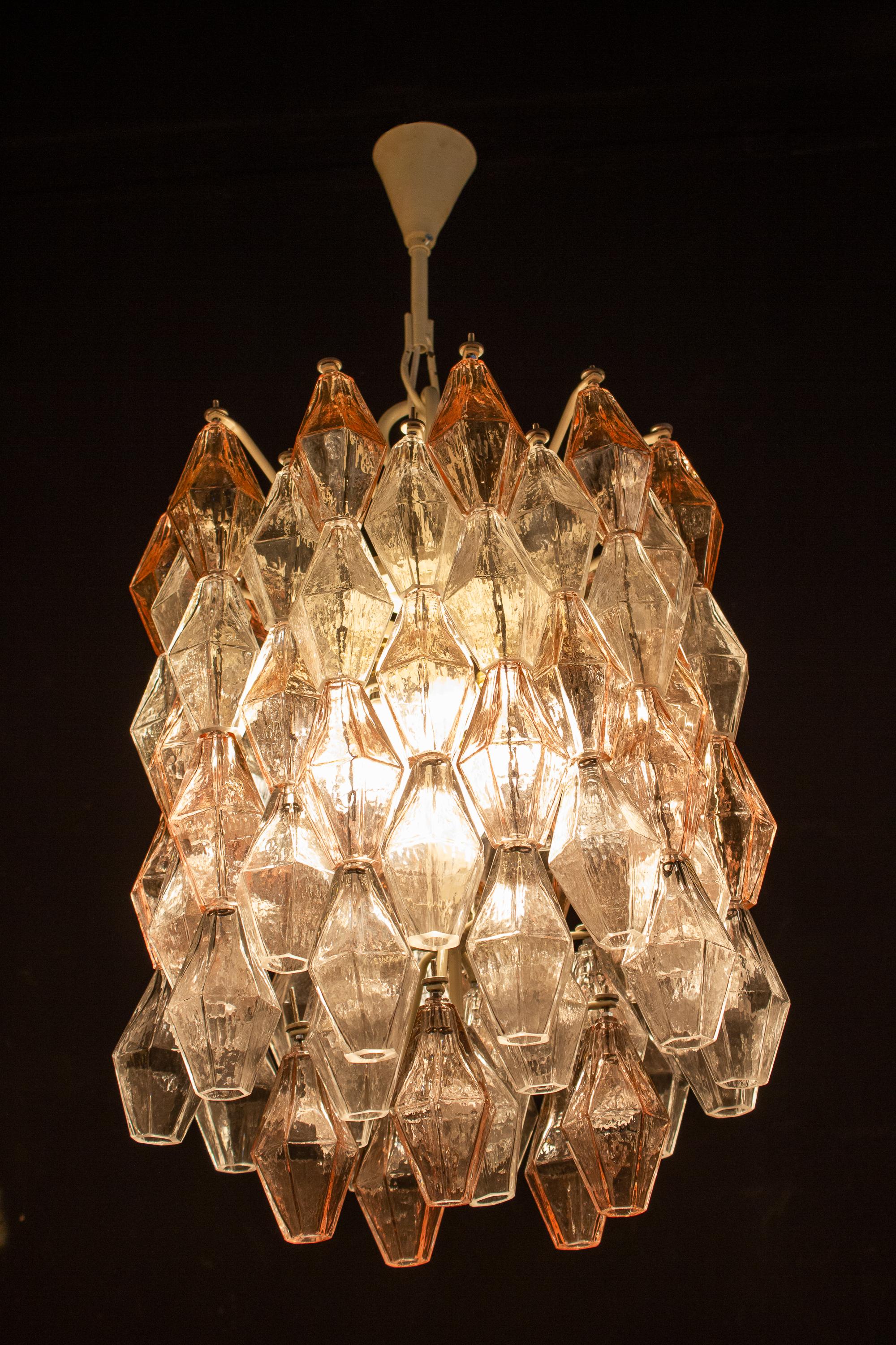 Blown Glass Venini Pink and Ice Original Poliedri Chandelier by Carlo Scarpa, 1955 For Sale