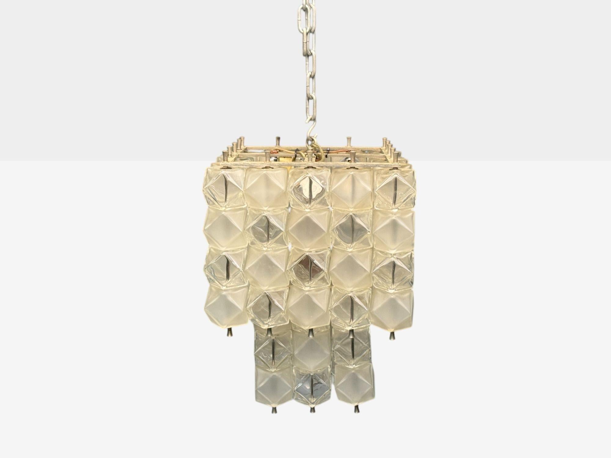 Italiano Venini Poliedri, Faceted Glass, Metal, Geometric Chandelier, Italy, 1950s in vendita