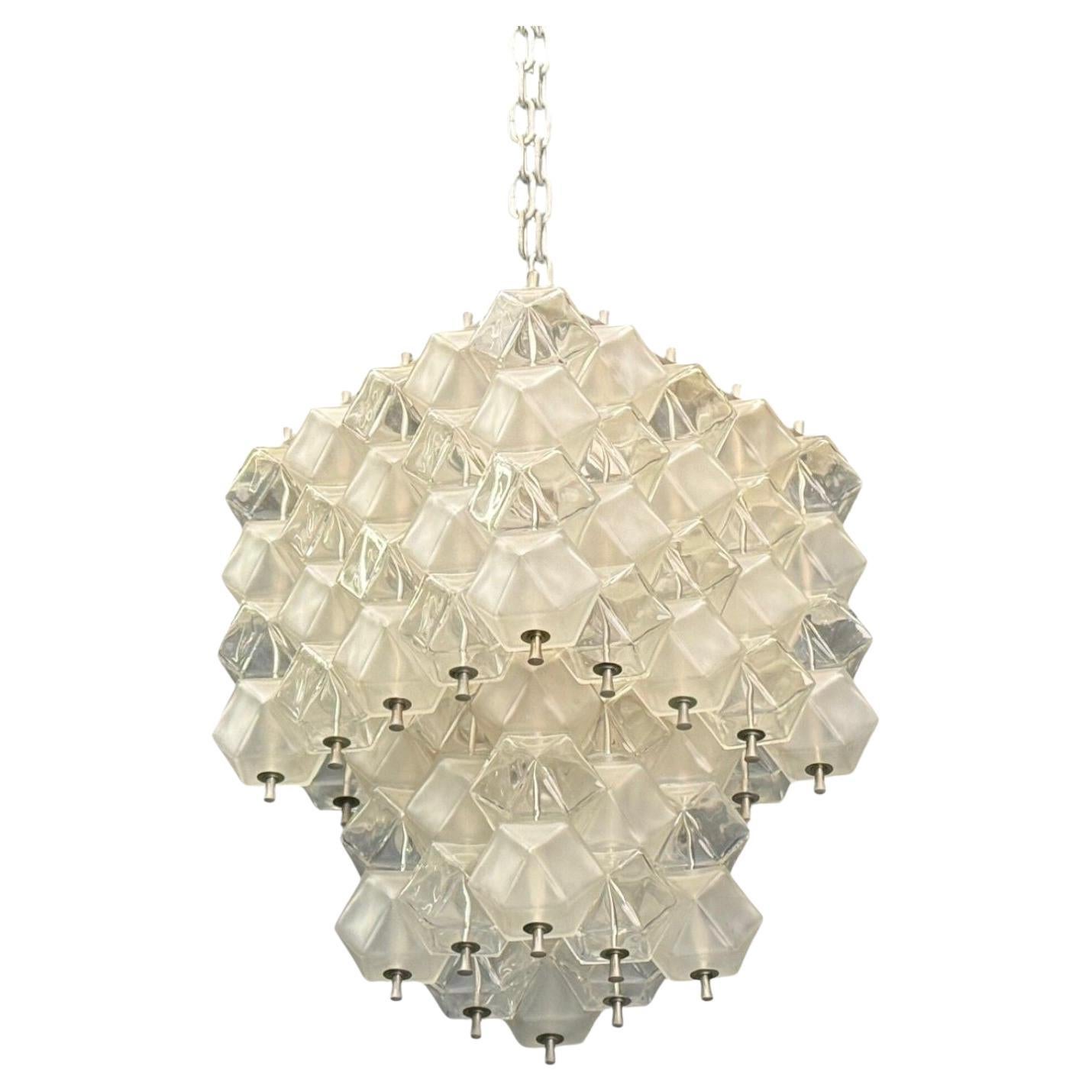 Venini Poliedri, Faceted Glass, Metal, Geometric Chandelier, Italy, 1950s in vendita