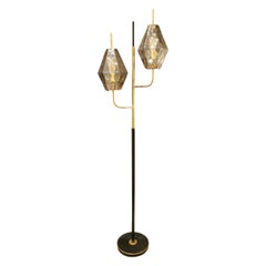 Venini "Poliedri" Floor Lamp in Brass and Black Lacquered Steel, 1958