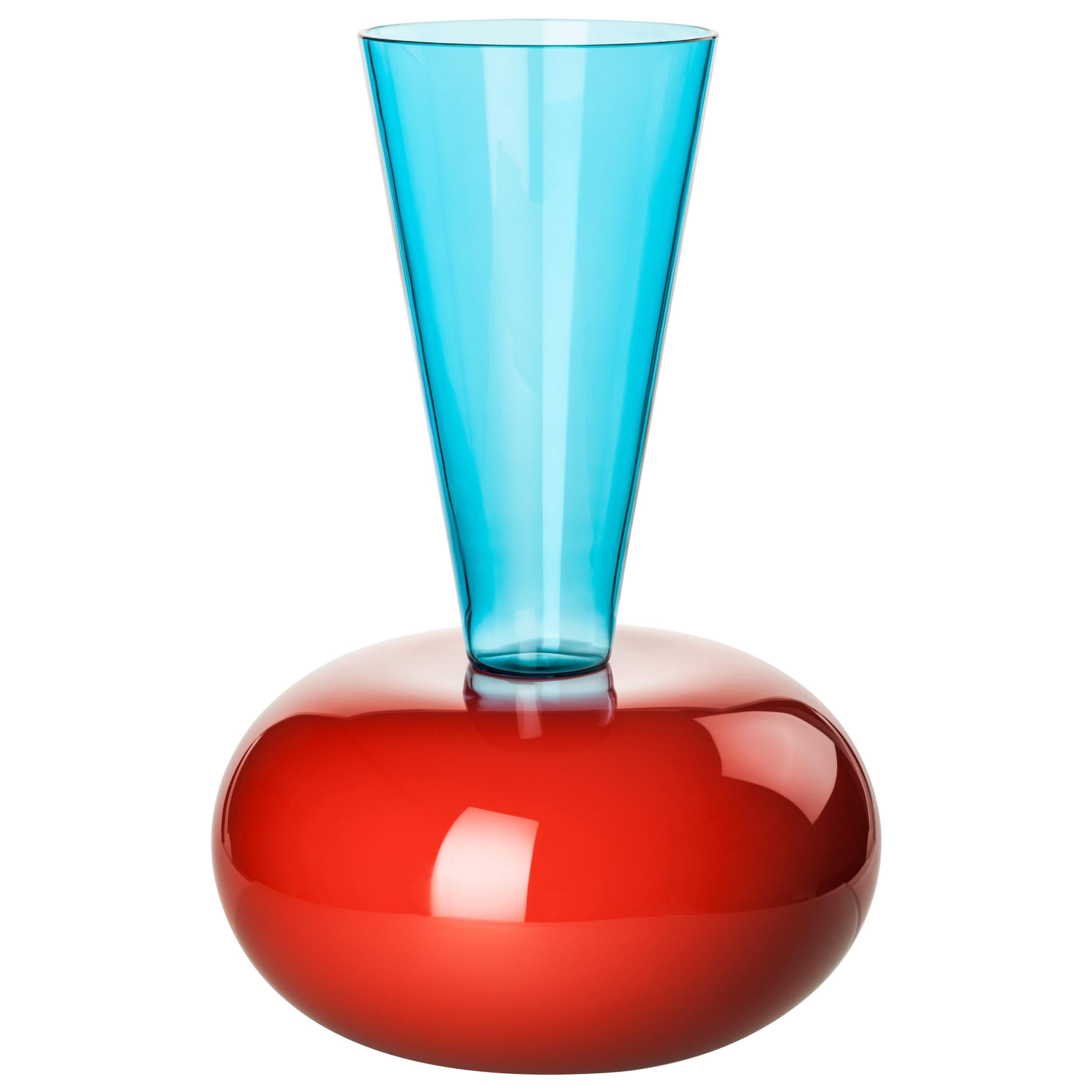 Venini Puzzle Vase in Coral & Aquamarine Glass by Ettore Sottsass